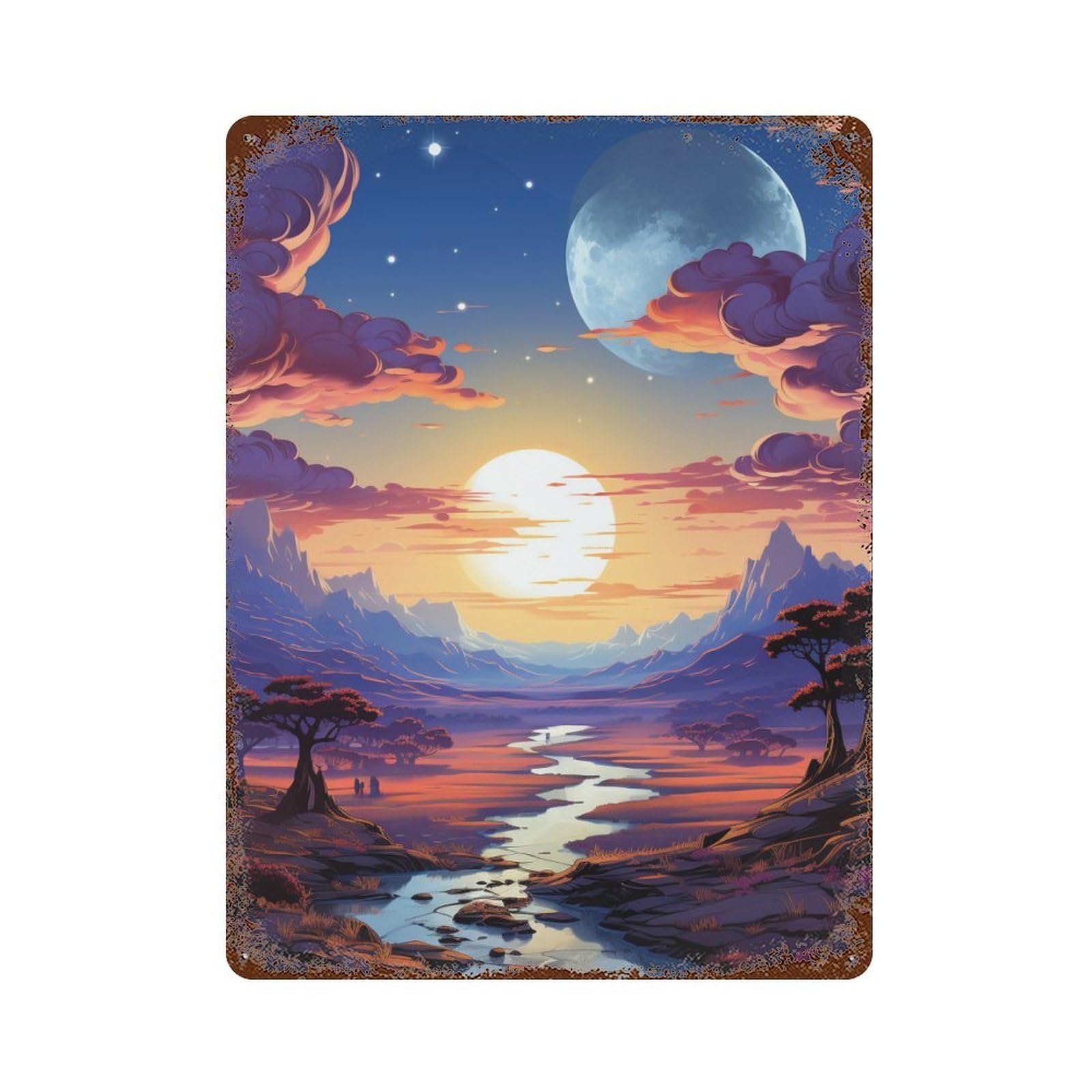 Twilight River Landscape Decorative Tin Sign 15.7"x11.8", Vintage Wall Decor for Garage, Pub Or Kitchen