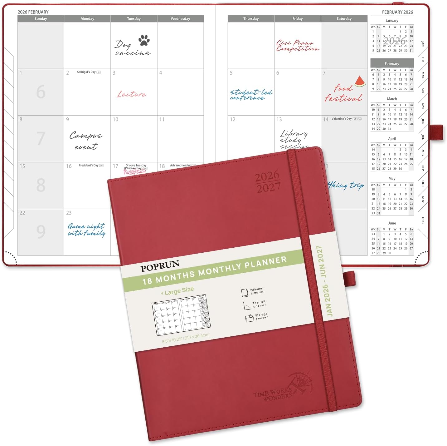 POPRUN Monthly Planner 2026-2027 (Large- 8.5" x 10.5" Soft Cover), 18-Month Calendar Book (Jan.2026 - Jun. 2027), Calendar Planner with Monthly Tabs & Pocket, 100 GSM Paper - Burgundy Burgundy Large - 8.5'' x 10.5'' Jan. 2026 - Jun. 2027