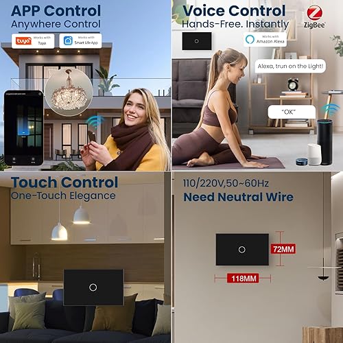 Miniatura 4 de Zigbee - Interruptor inteligente de 4.646 x 2.835 x 1.339 in, necesita Zigbee Hub y cable neutro, WiFi de 2.4 GHz, panel de cristal con interruptor