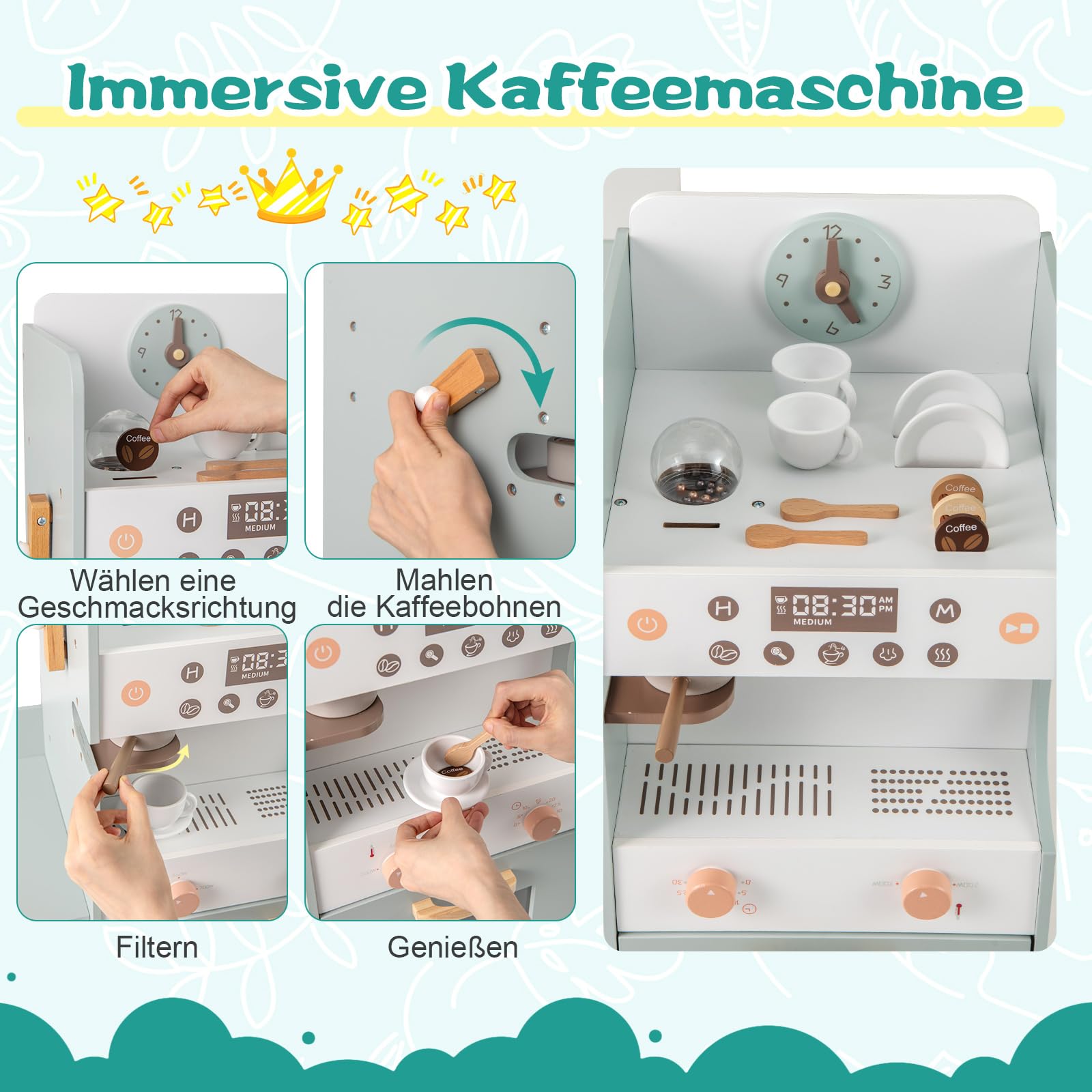 COSTWAY Kaufladen Kinder, Kaufmannsladen Holz inkl. Zubehör (Grün) | Supermarkt mit Verkaufsautomat, Kasse, Kaffeemaschine & Ofen, Verkaufsstand Theken, Einkaufsladen für Kinder ab 3 Jahren