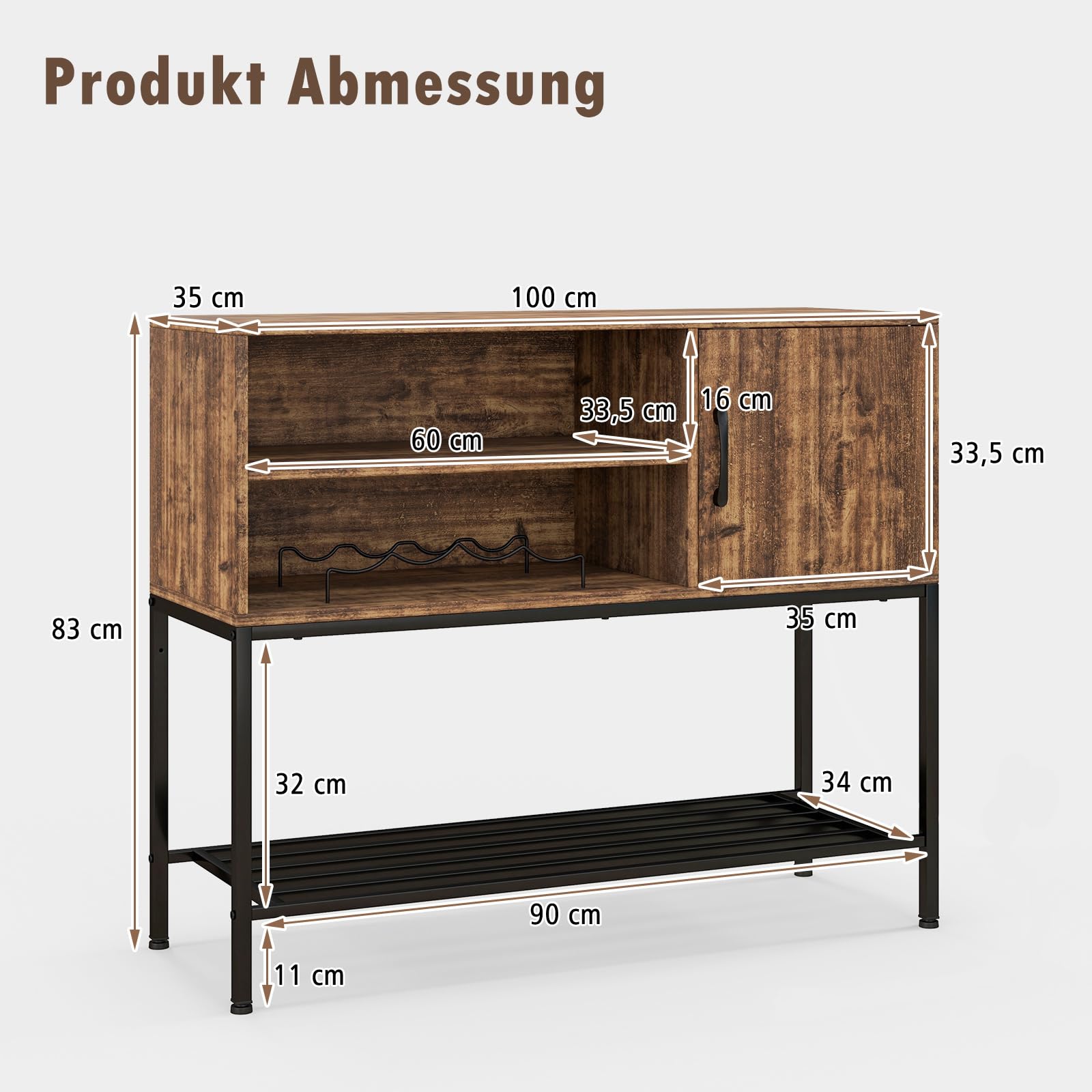 COSTWAY Sideboard mit Weinregal & Metallablage, Küchenschrank aus Holz, Weinschrank 35 x 100 x 83 cm, Konsolentisch Buffetschrank für Esszimmer, Wohnzimmer, Flur, Eingang (Braun)