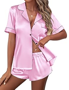 Ekouaer Womens Silk Satin Pajamas Set Short Sleeve Pj Sets Button Down Pjs 2 Piece Sleepwear Loungewear S-XXL