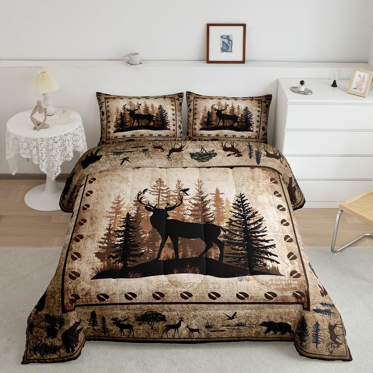 Feelyou Farmhouse Deer Comforter Set for Kids Boys Girls,Deer Hunting Comforter King Size Cute Deer Bedding Set Bedroom Decor,Western Wild Decor Duvet Set Tree Quilt Set 3Pcs