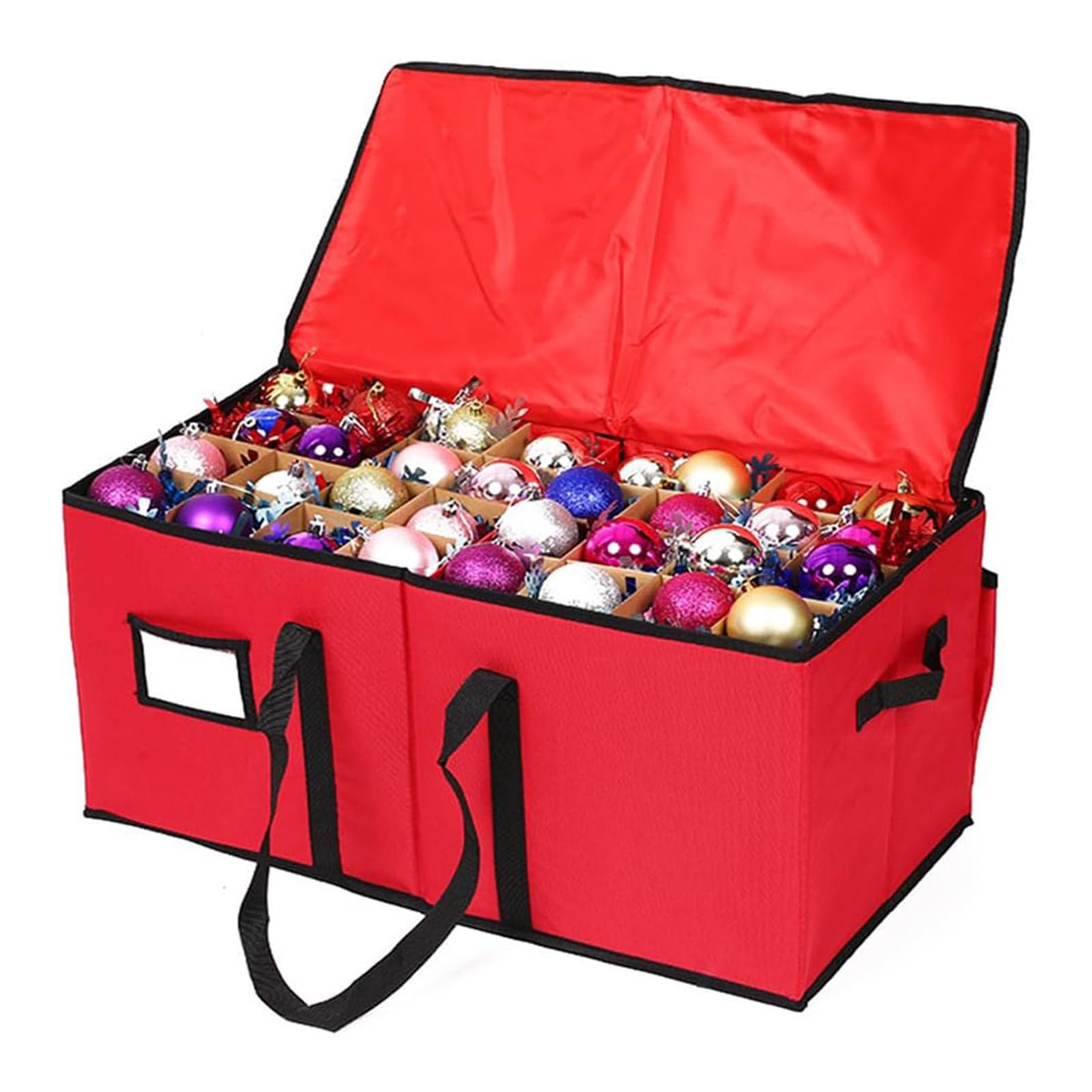 Highdi Weihnachtskugeln Aufbewahrung mit Verstellbaren Trennwänden, 128 Fächer Aufbewahrungsbox für Christbaumschmuck Faltbar mit Deckel Behälter für Urlaub und Zubehör (Rot,66 * 33 * 34cm)