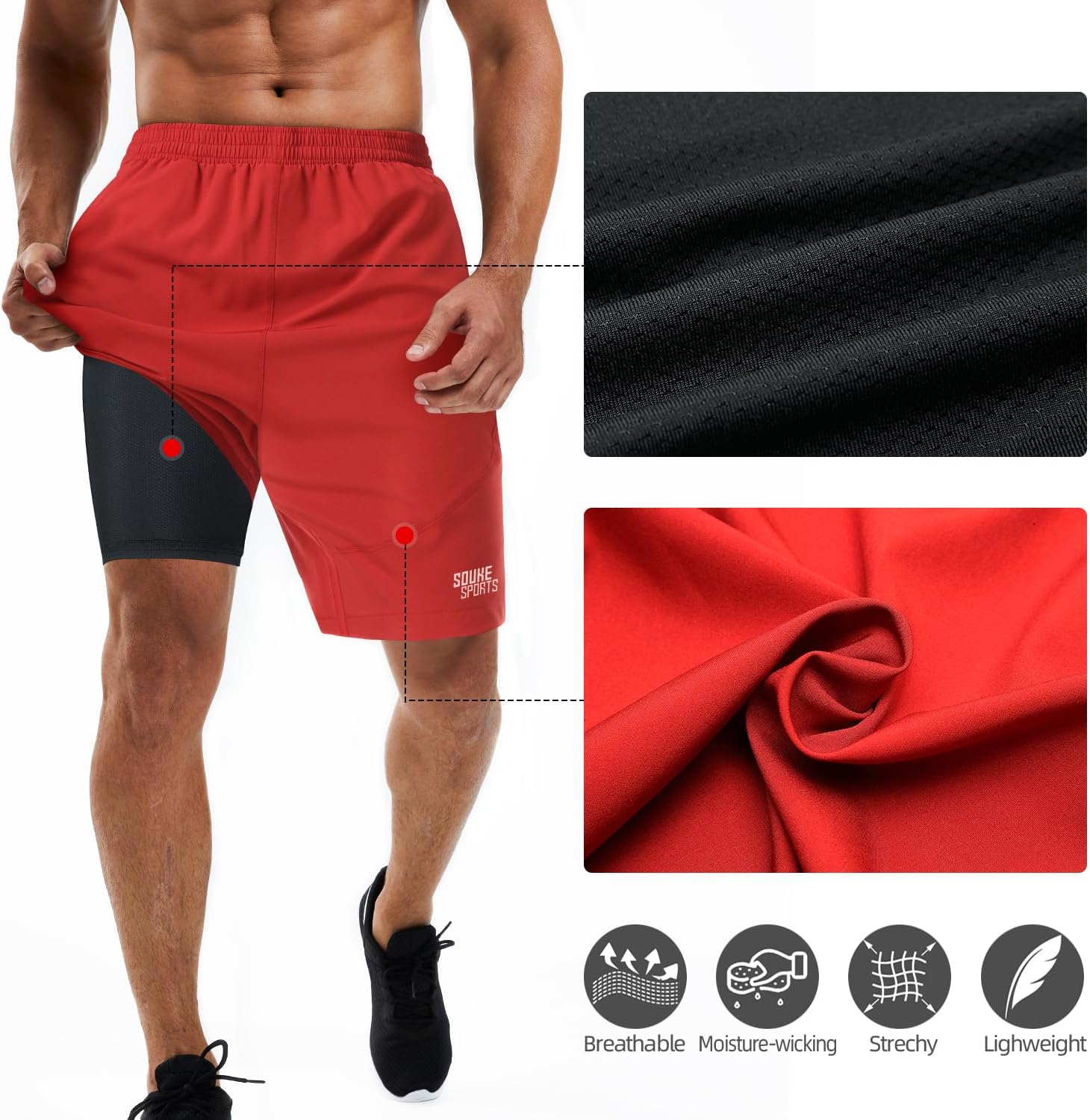 Souke Sports Men's 2 in 1 Workout Running Shorts 7" Quick Dry Gym Athletic Shorts Red Liner Zipper Pockets