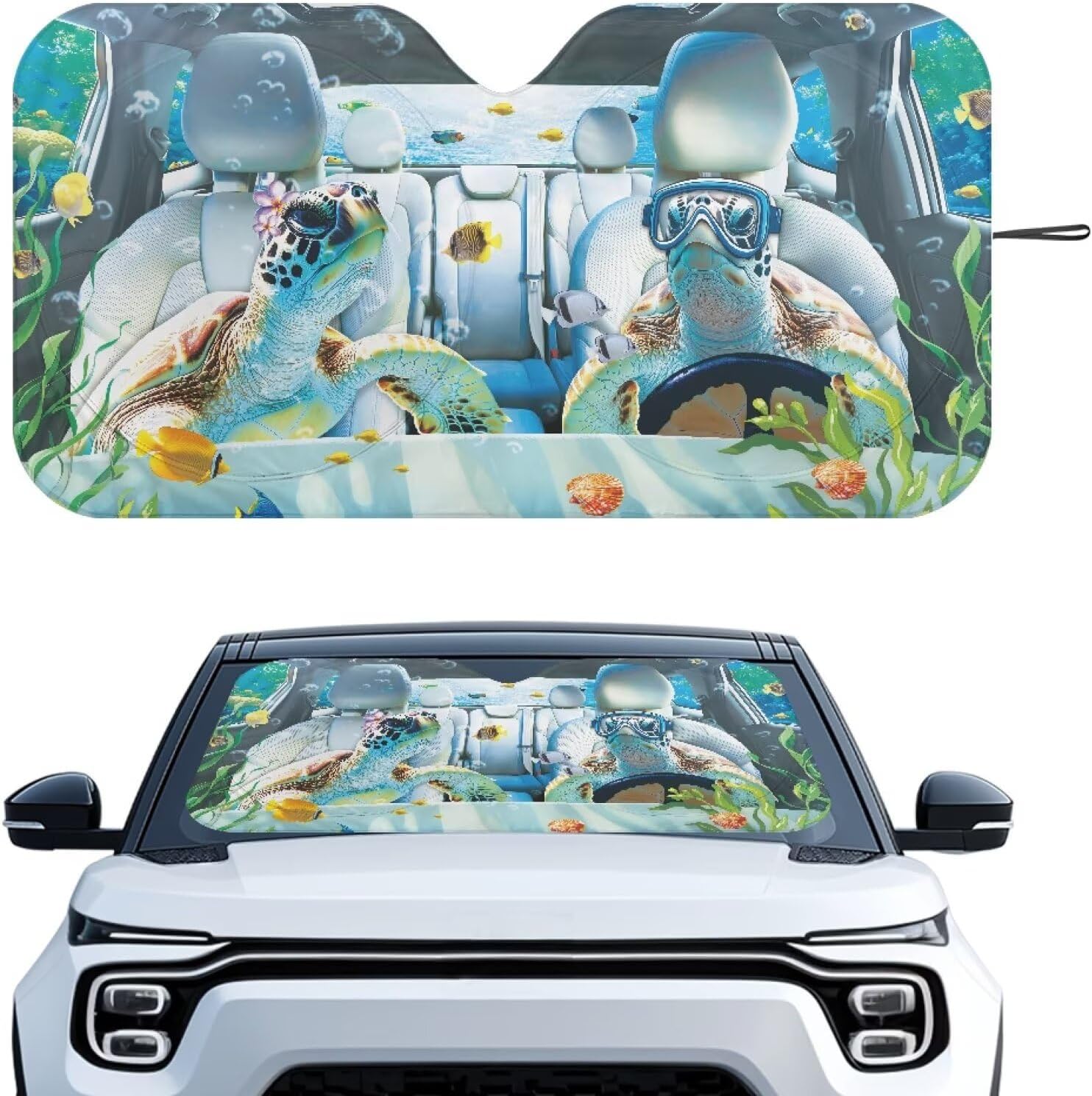 Tuoxiukan Underwater Sea Turtle Car Sun Shade Windshield Foldable 1-Piece Automotive Windshield Sun Shade Heat Reflector Removable Car Interior Protection Accessories