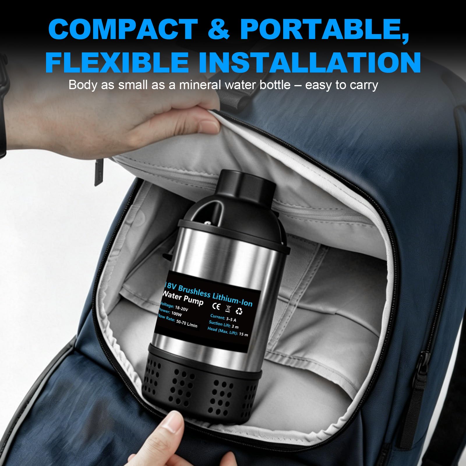 Wasserpumpe Kompatibel mit Makita 18V Akku, Bürstenlose 100W Diesel-Kraftstoffpumpe, 50-70L/min Durchfluss, 15m Förderhöhe, 3m Saughöhe, 25mm Düsen für Wasser & Öl