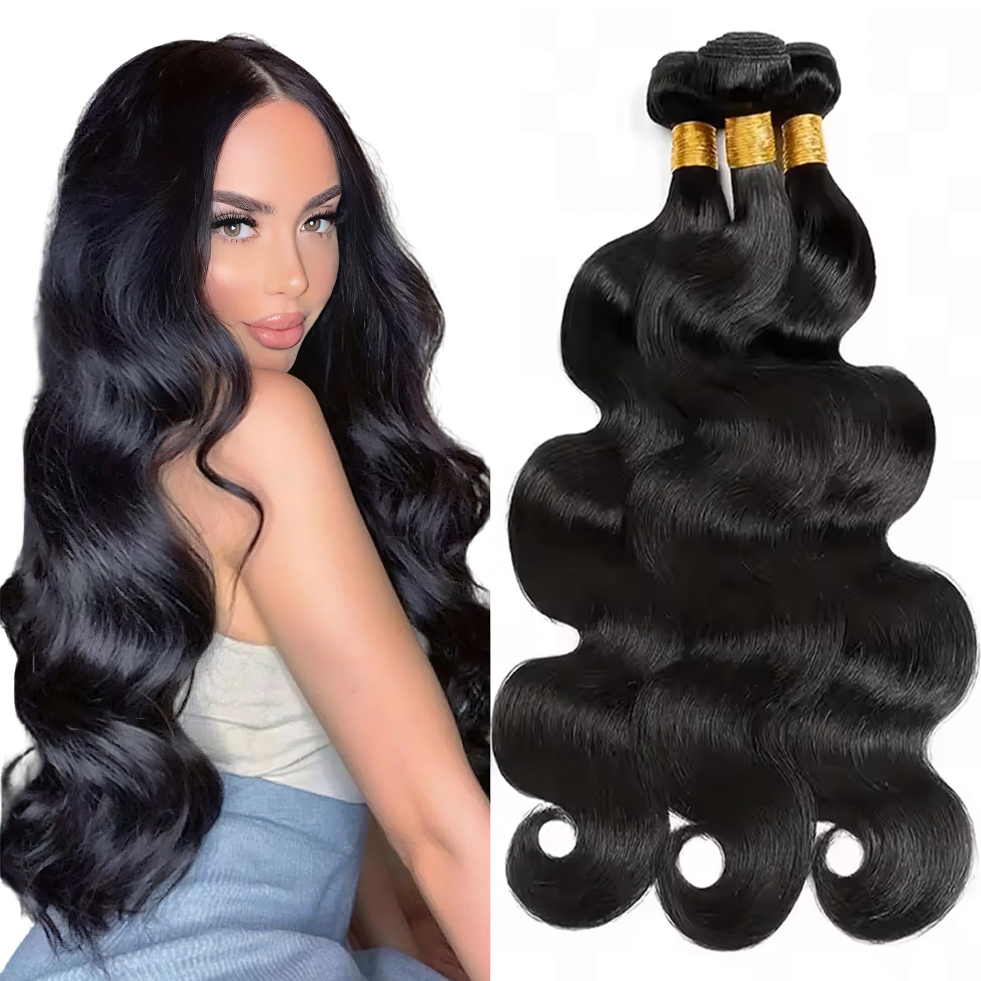 Photo 1 of #1B Body Wave Bundles Human Hair 18 20 22 Inch Human Hair Bundles Unprocessed Virgin 3 Bundles Human Hair Extensions 100G Per Bundle for Women Natural Black