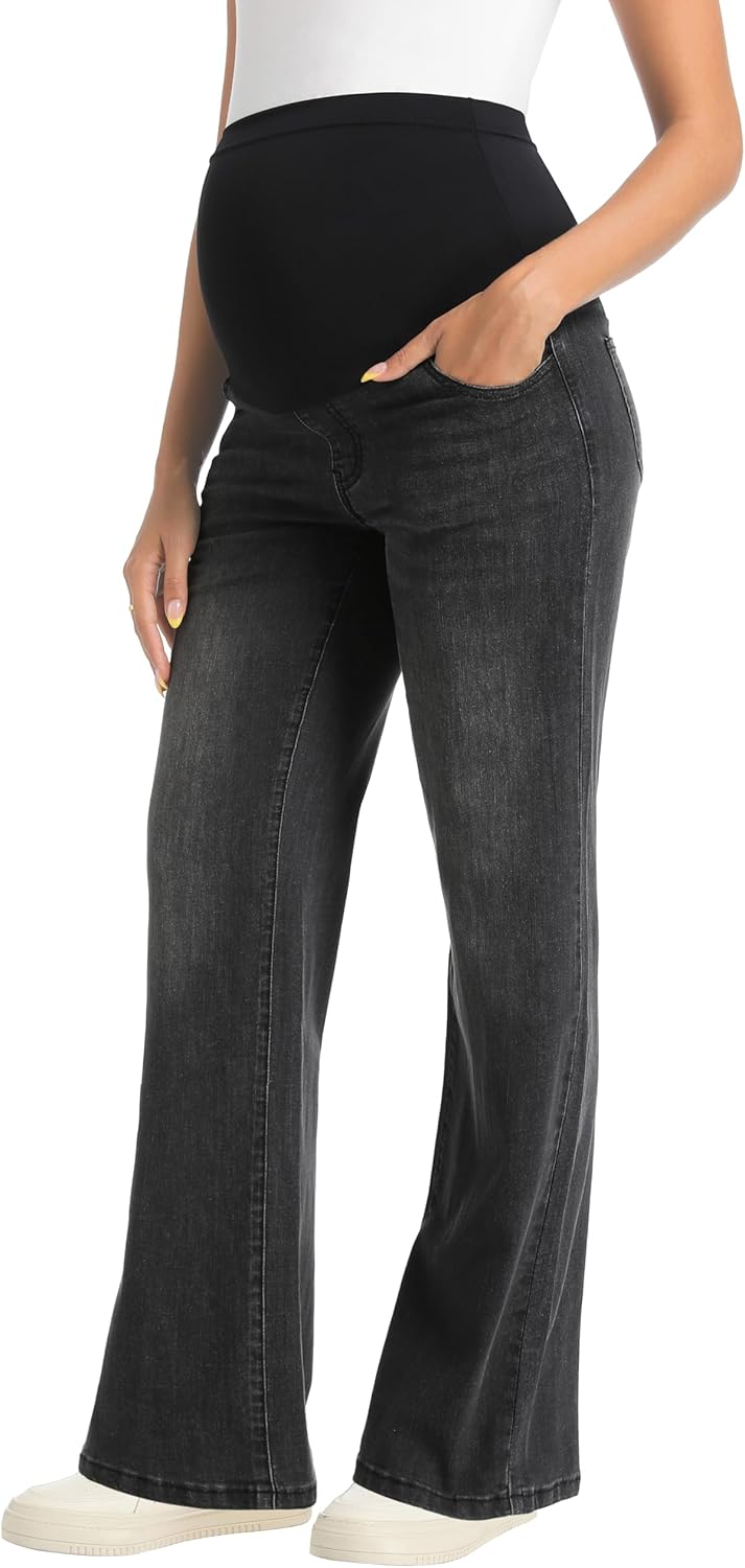 V VOCNI Women's Maternity Jeans Straight Leg Stretchy Pregnancy Jeans Wide Leg Denim Work Pants