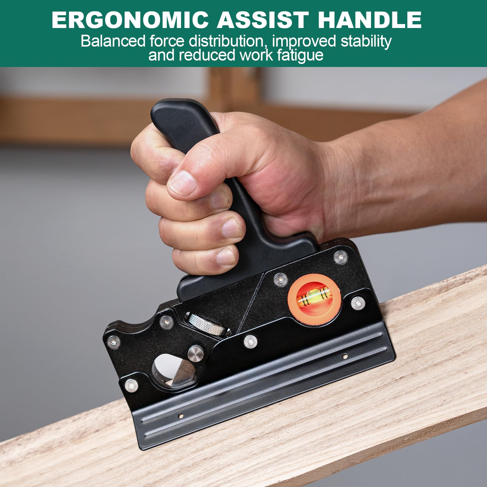 HYCHIKA - Herramienta de aplanamiento de esquinas de bordes para madera, cepilladora manual de 45° con 4 cabezales de corte, mango ergonómico, localización de burbujas, recortadora de bandas de bordes