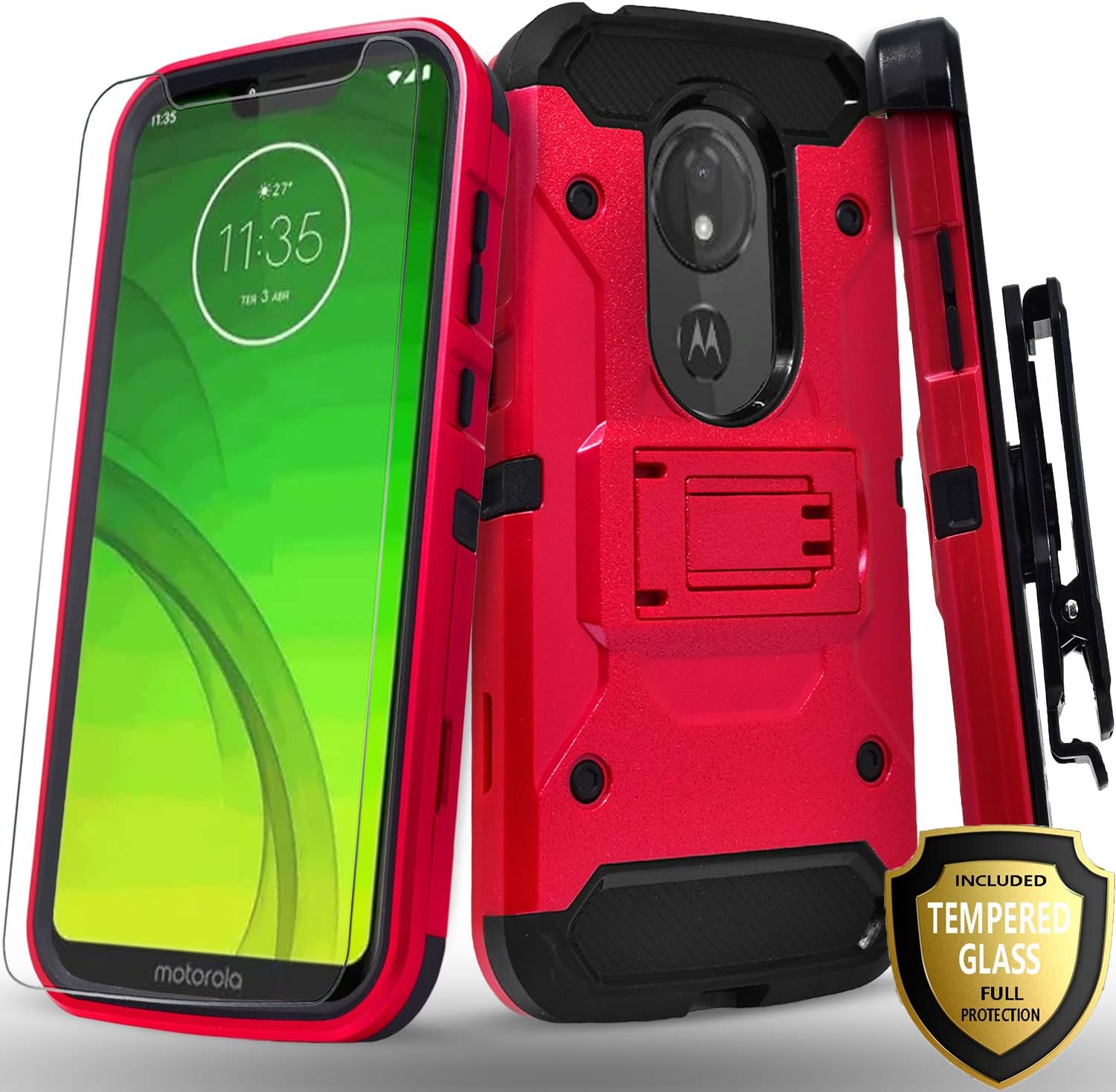 Moto G7 Power Case, Moto G7 Supra XT1955 Case, Moto G7 Optimo Maxx Case, With [Tempered Glass Screen Protector] Full Cover Heavy Duty Dual Layers Phone Cover with Kickstand and Locking Belt Clip-Red