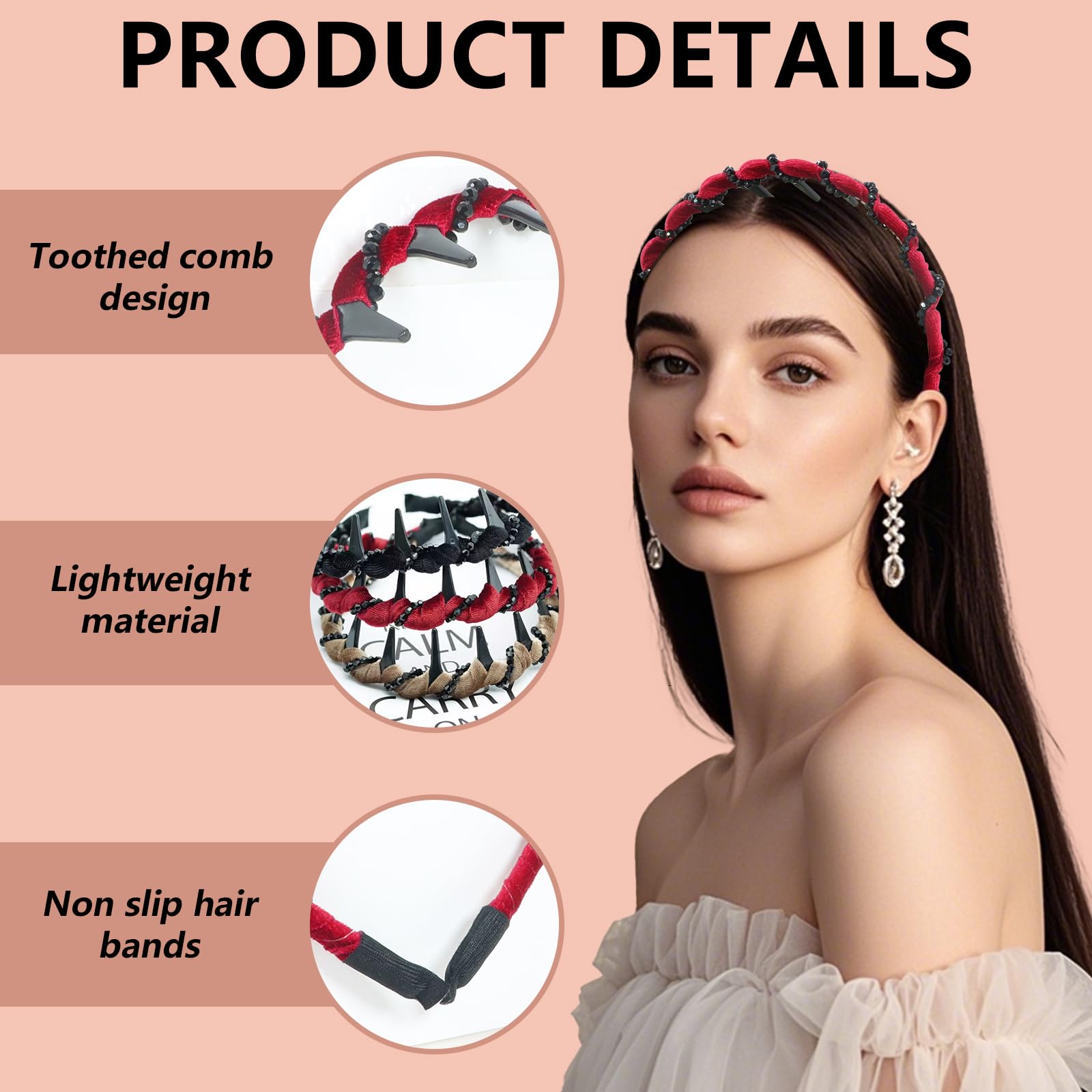 Bcautay 3 Pcs Zig Zag Headbands Pretty Headbands for Women Women's Fashion Headbands Comfortable Comb Hairbands with Teeth - Image 3