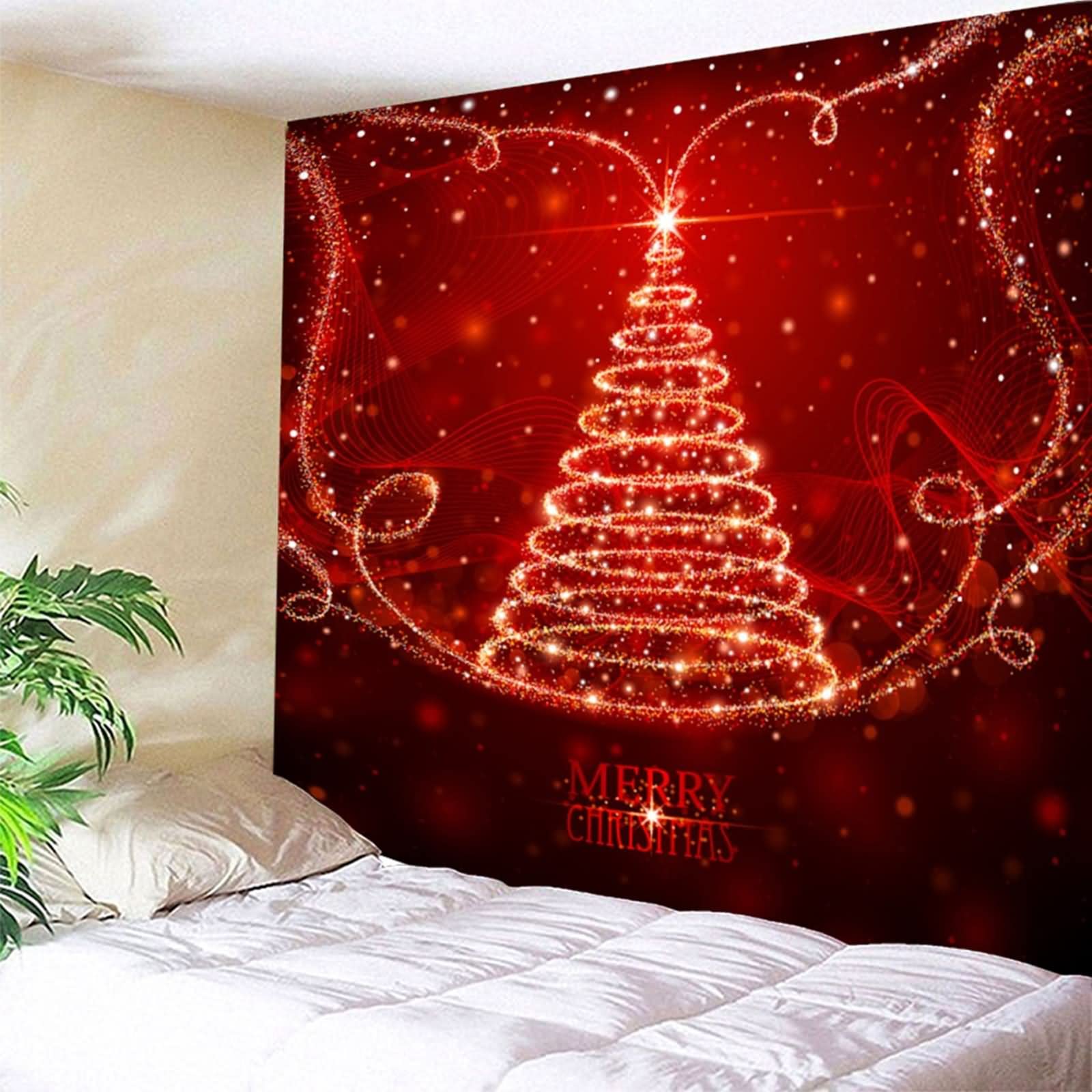 Tapices Vintage, Tapiz Navideño Pared Árbol de Navidad con Luz de Estrellas Rojo Poliéster 350X256cm