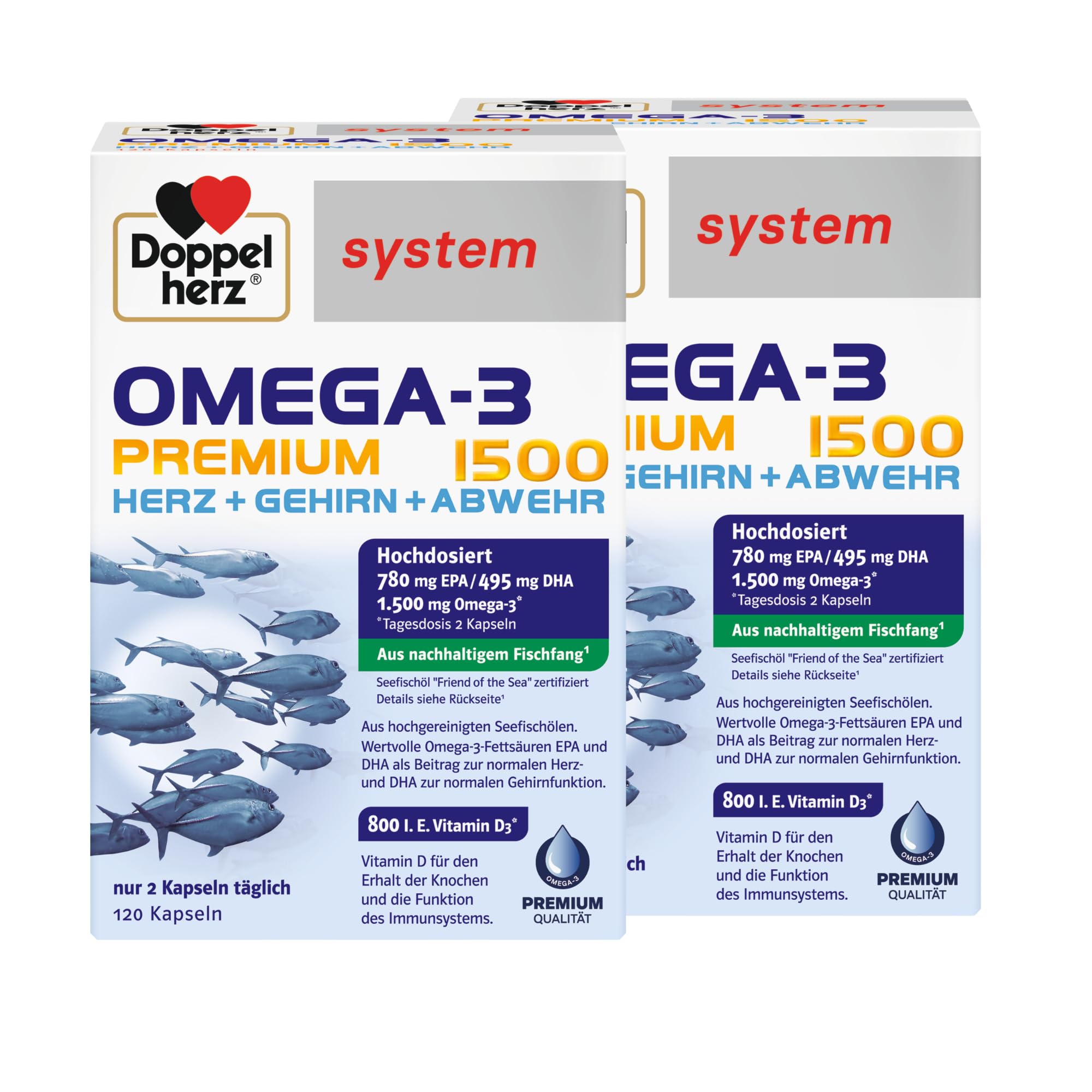 Doppelherz system Omega-3 Premium 1500 – Hoher Gehalt an wertvollen Omega-3-Fettsäuren EPA und DHA als Beitrag zur normalen Herzfunktion – 2 x 120 Kapseln