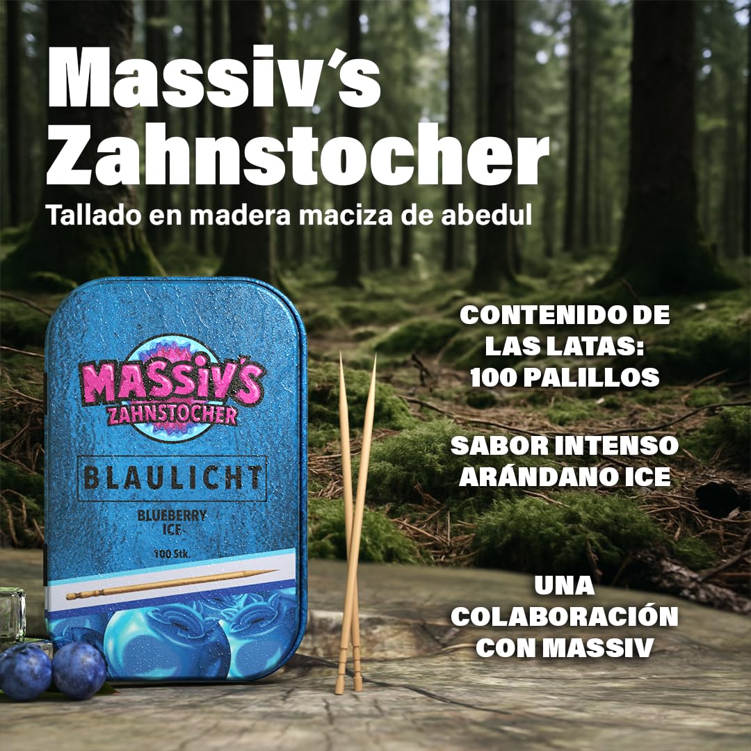 Massiv’s Zahnstocher - Palillos con sabor - BLAULICHT Blueberry Ice - 100 palillos con sabor - Aliento fresco - Caja metálica estilizada - Vegano, Sin azúcar - higiene bucal - contra morderse las uñas | 100 palillos de dientes aromatizados – aliento fresc