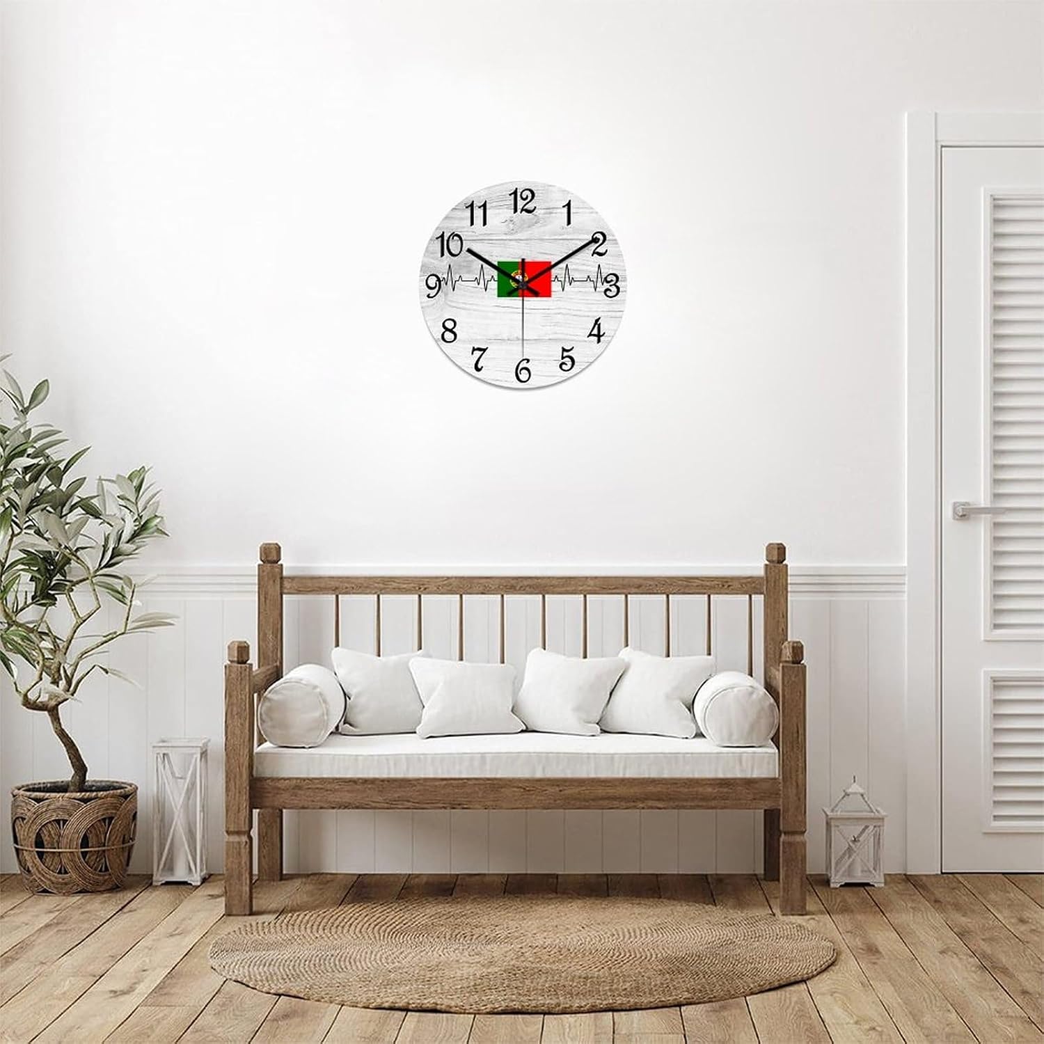 Portugal Flag Heartbeat Wall Clock Portugal Wooden Wall Clocks Battery Operated 12 Inch Non-Ticking Retro Cabin Wall Decor for Kitchen Bedroom Living Room Office
