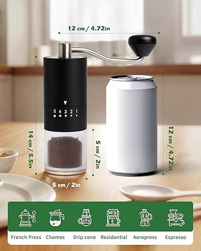 Miniatura 4 de Molinillo de café manual de acero inoxidable para prensa francesa de goteo, 5 ajustes ajustables, molinillo de café de mano, para uso doméstico y