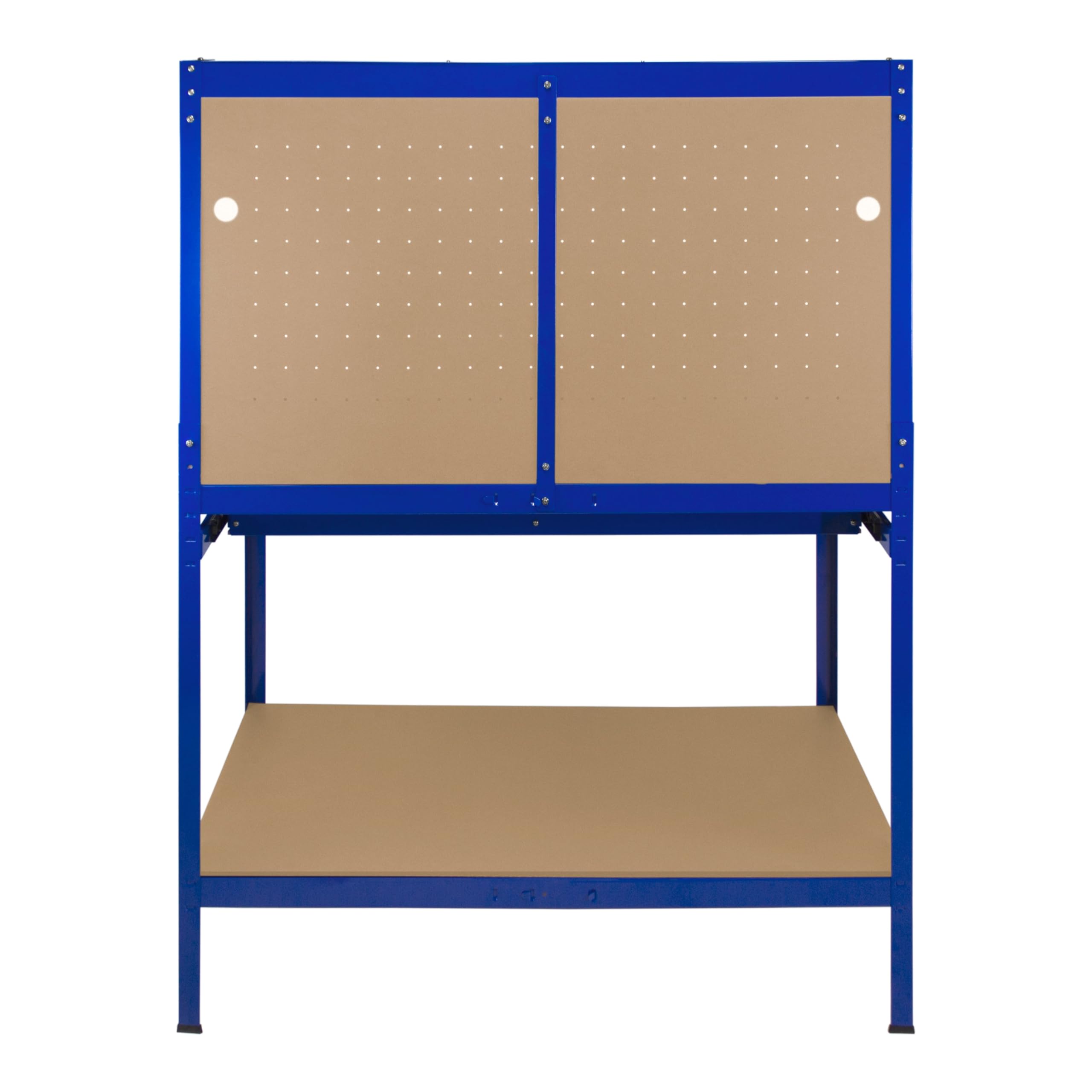 Banco de Trabajo Azul con Tablero de Clavijas,Cajón+Luz LED, Mesa de Trabajo Estantes Taller Garaje Bricolaje Almacenamiento Herramientas Capacidad Peso 370kg | 40 Ganchos+Mazo de Goma | 60x155x120cm