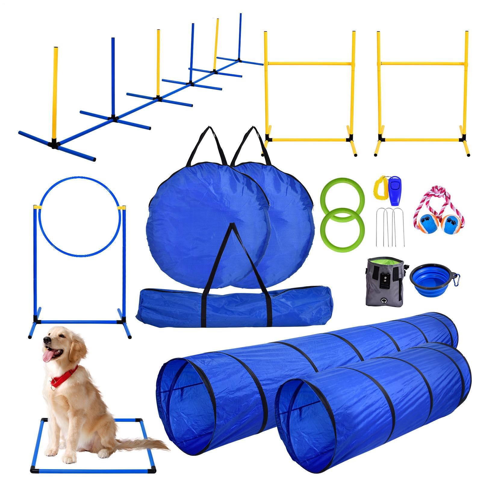 Dog Agility Course Backyard Set,Portable Agility Training Equipment for Dogs, Build Dog Obstacle Course Backyard with 2 Tunnels,2 Adjustable Hurdles,2 Green Pet Jumping Ring,6 Woven & More