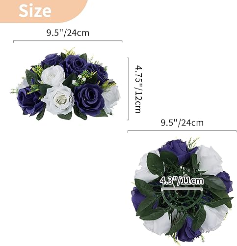 Miniatura 6 de NUPTIO Centros de flores artificiales para mesas, 2 bolas de rosas falsas de 9.5 pulgadas de diámetro, color azul marino y blanco, arreglo de rosas