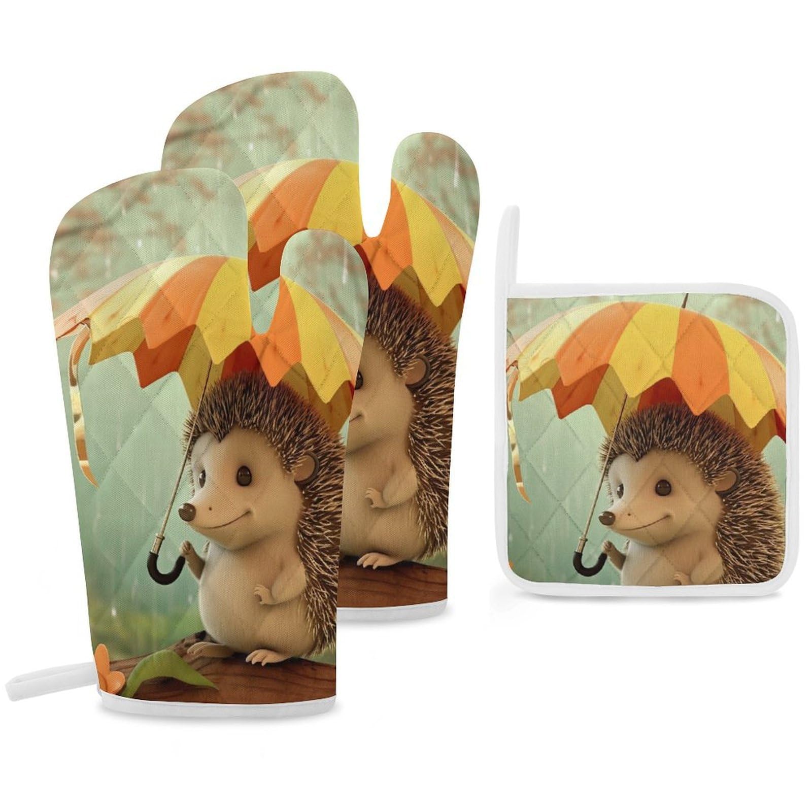 Oven Mitts and Pot Holders Set of 3 Heat Resistant Non-Slip Kitchen Gloves Hot Pads Hedgehog with Umbrella Mittens Gloves Non-Slip Potholders for Cooking Baking Grilling BBQ