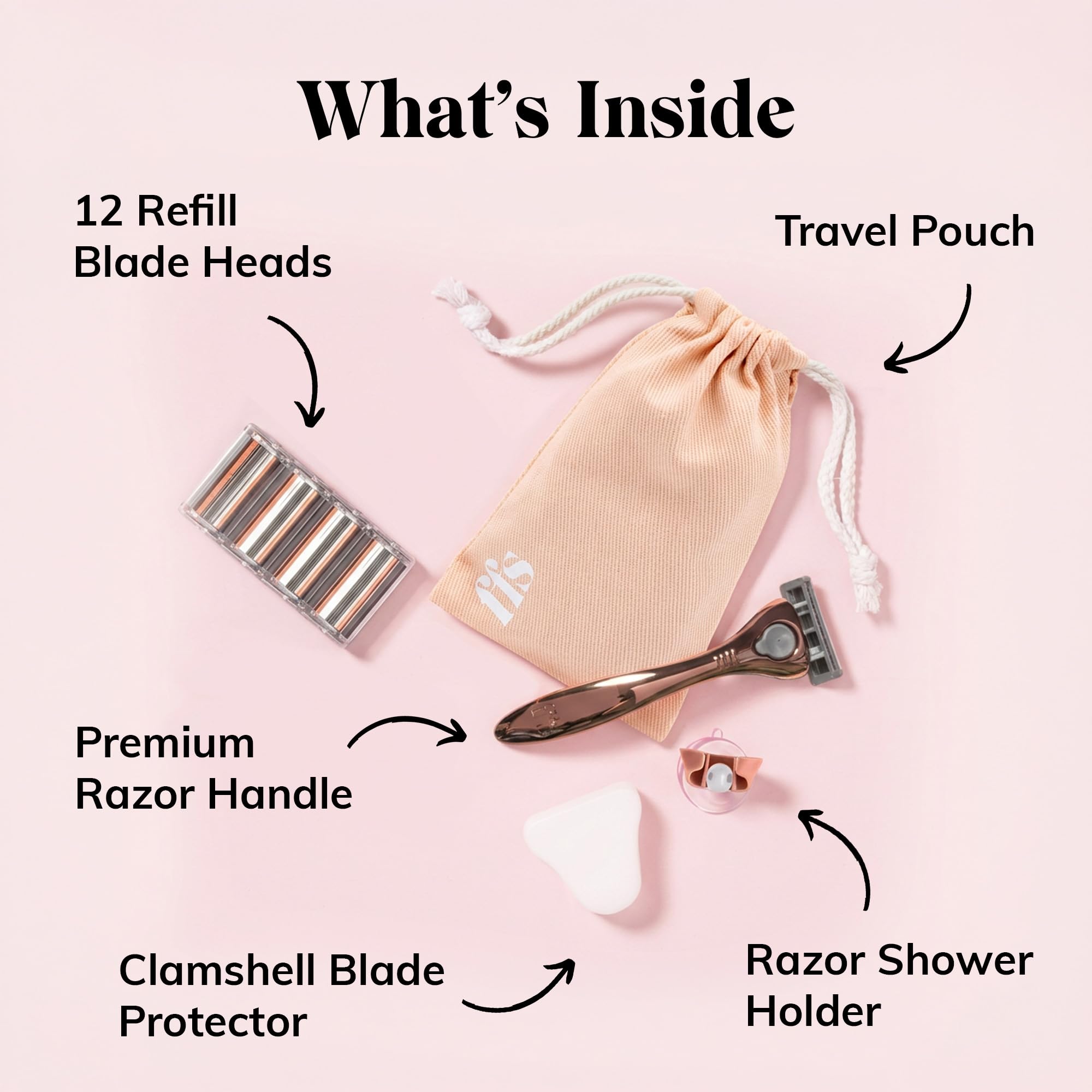 FFS Beauty Rose Set da barba per donna Fornitura da 3 a 6 mesi - Manico per rasoio rosa premium, 12 cartucce SmoothGlide a 6 lame, supporto doccia, custodia da viaggio, protezione a conchiglia