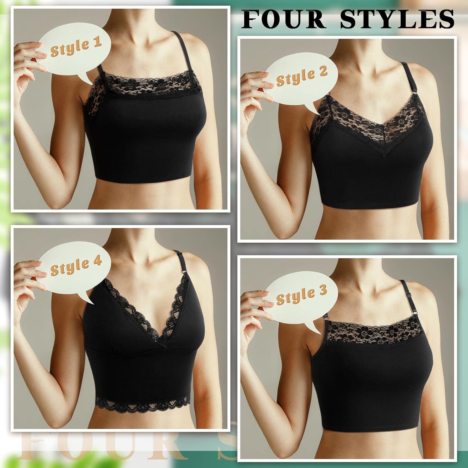 4 Pack Women Lace Camisole Lace Bralettes Half V Neck Cami Bra with Adjustable Spaghetti Strap Crop Tank Top for Girls - Image 5