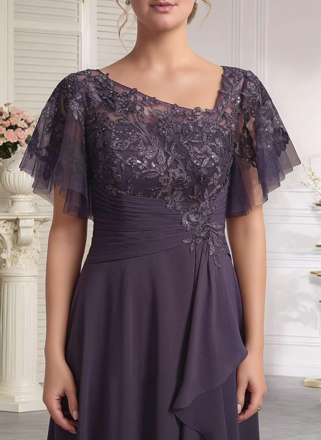 Size 18W Color Brown Mother of The Bride Dresses for Wedding with Sleeve Lace Appliques Chiffon Formal Gowns with Slit