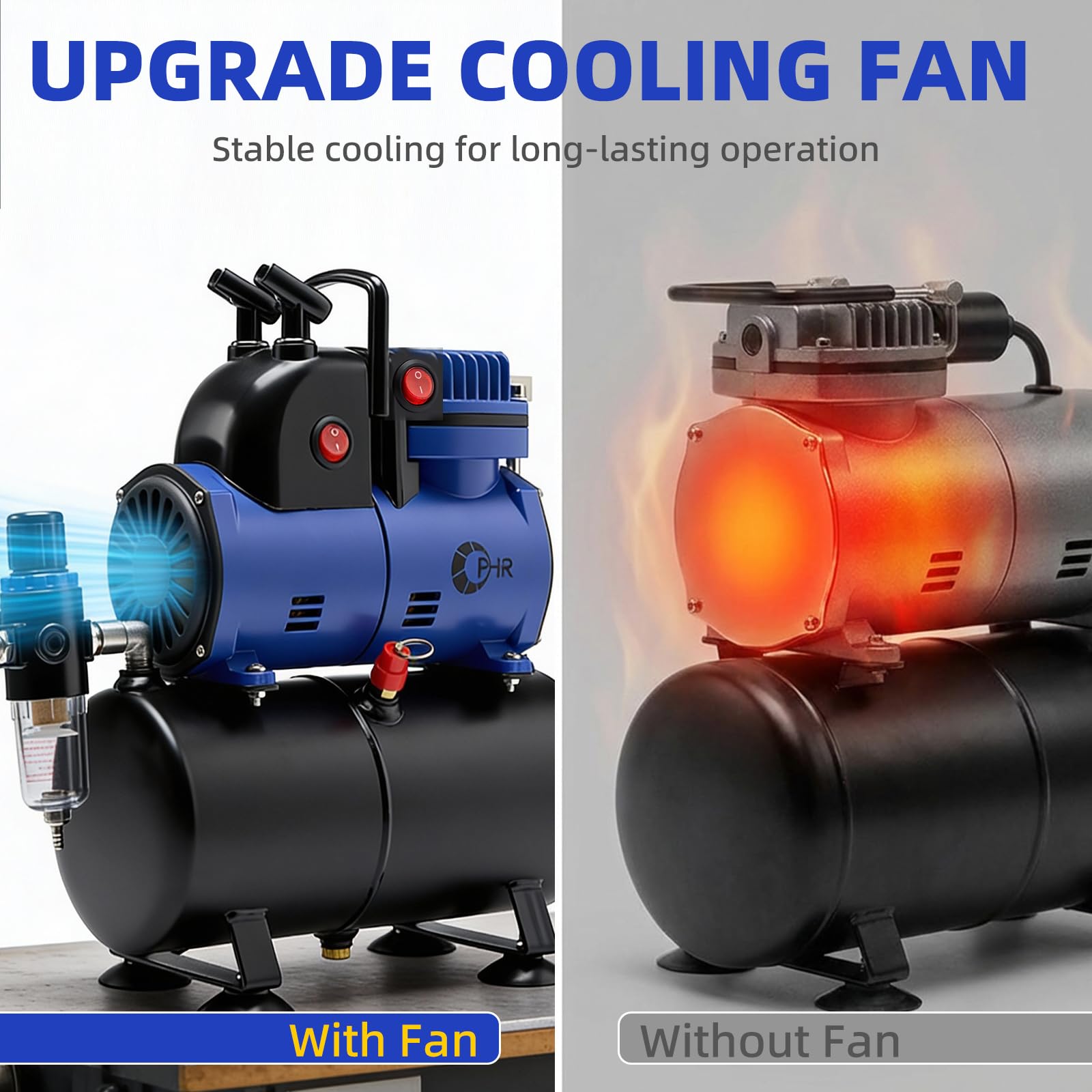 OPHIR Compresor de aerógrafo de 1/5HP con tanque de 3,2 L, 0,3/0,8 mm, 4 aerógrafos, ventilador de refrigeración, tazas de pintura de 20/40 CC, soporte para aerógrafo, 5 mangueras de aire y