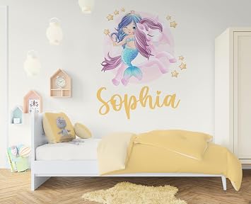 Name Unicorn Wall Decal for Girls - Mermaid Stickers for Girls Nursery - Unicorn & Stars Girl Room Wall Decal - Pastel Unicorn Mermaid Wall Decor Art Classroom Bedroom Sticker for Walls