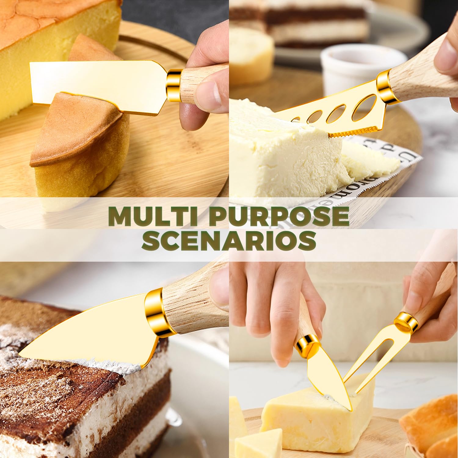 Accesorios para tablas de charcutería, utensilios de charcutería dorados, juego de cuchillos esparcidores de mantequilla de queso con asas de madera, pinzas pequeñas para servir, mini tenedores y
