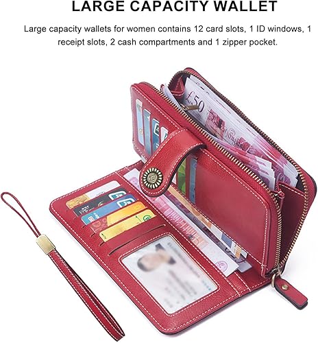 Miniatura 5 de Mokoze Cartera roja para mujer, de piel sintética, de gran capacidad, con correa para la muñeca y cremallera para guardar tarjetas de crédito,