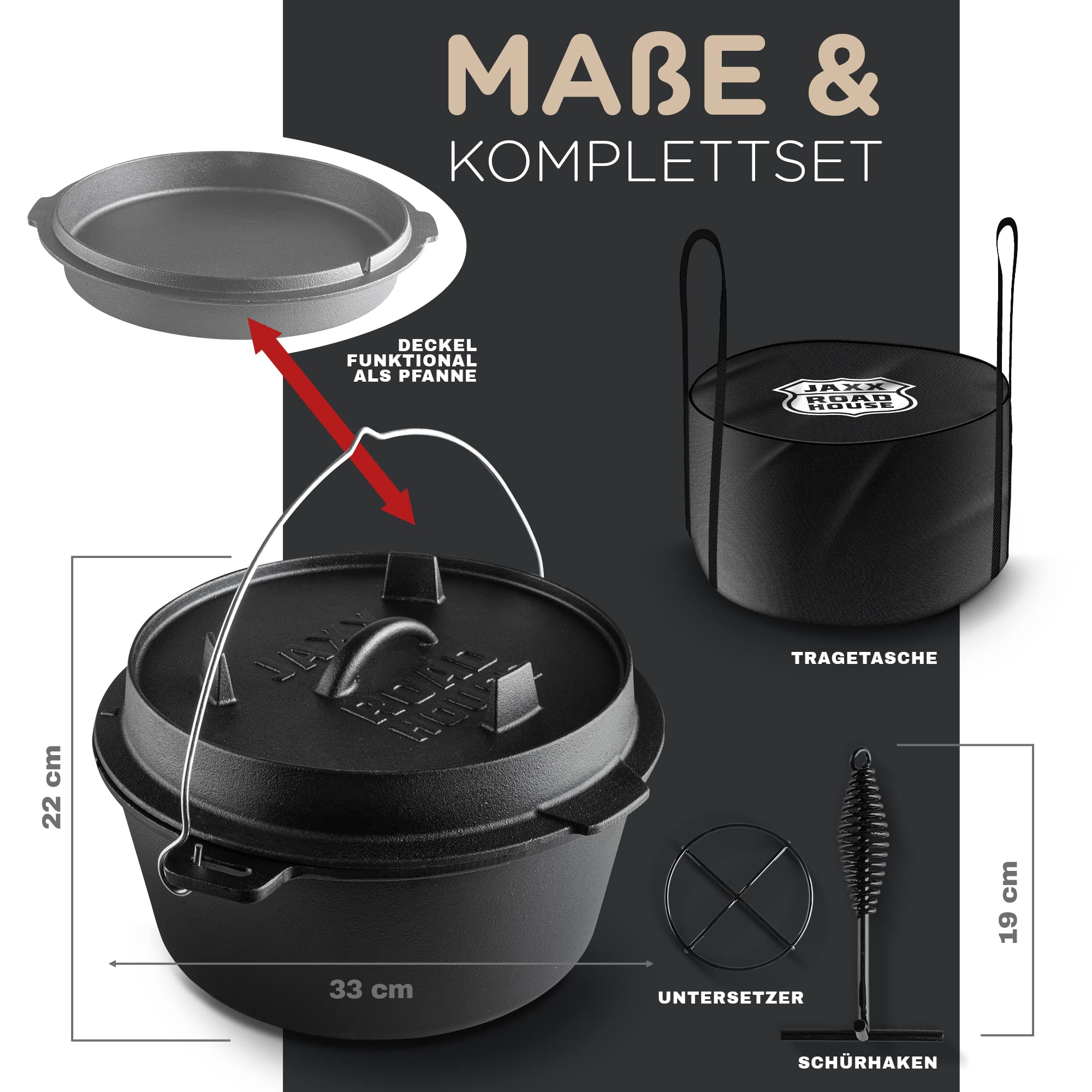 ORIGINAL DUTCH OVEN (9L), JAXX ROADHOUSE eingebrannter Gusseiserner Feuertopf mit Deckelheber & Tragetasche, für Innen und Außen
