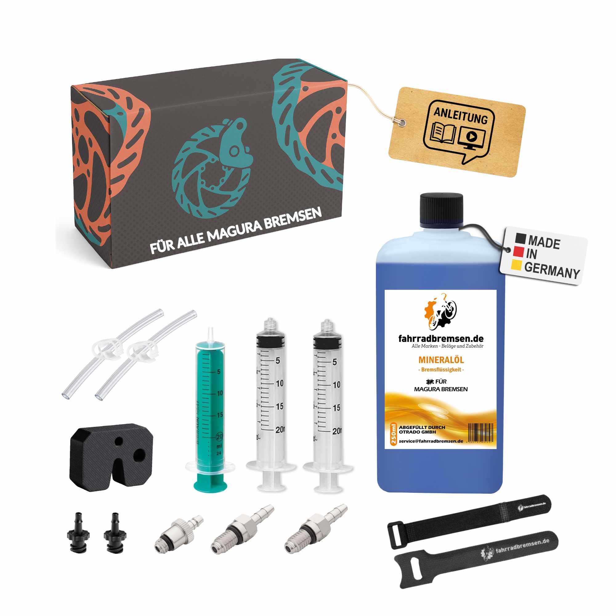 Entlüftungskit passend für alle Magura hydraulische Scheibenbremsen | Fahrrad Bremsen Service Kit Entlüftungsset mit Schritt für Schritt Anleitung für entlüften der Fahrradbremse 250ml Öl