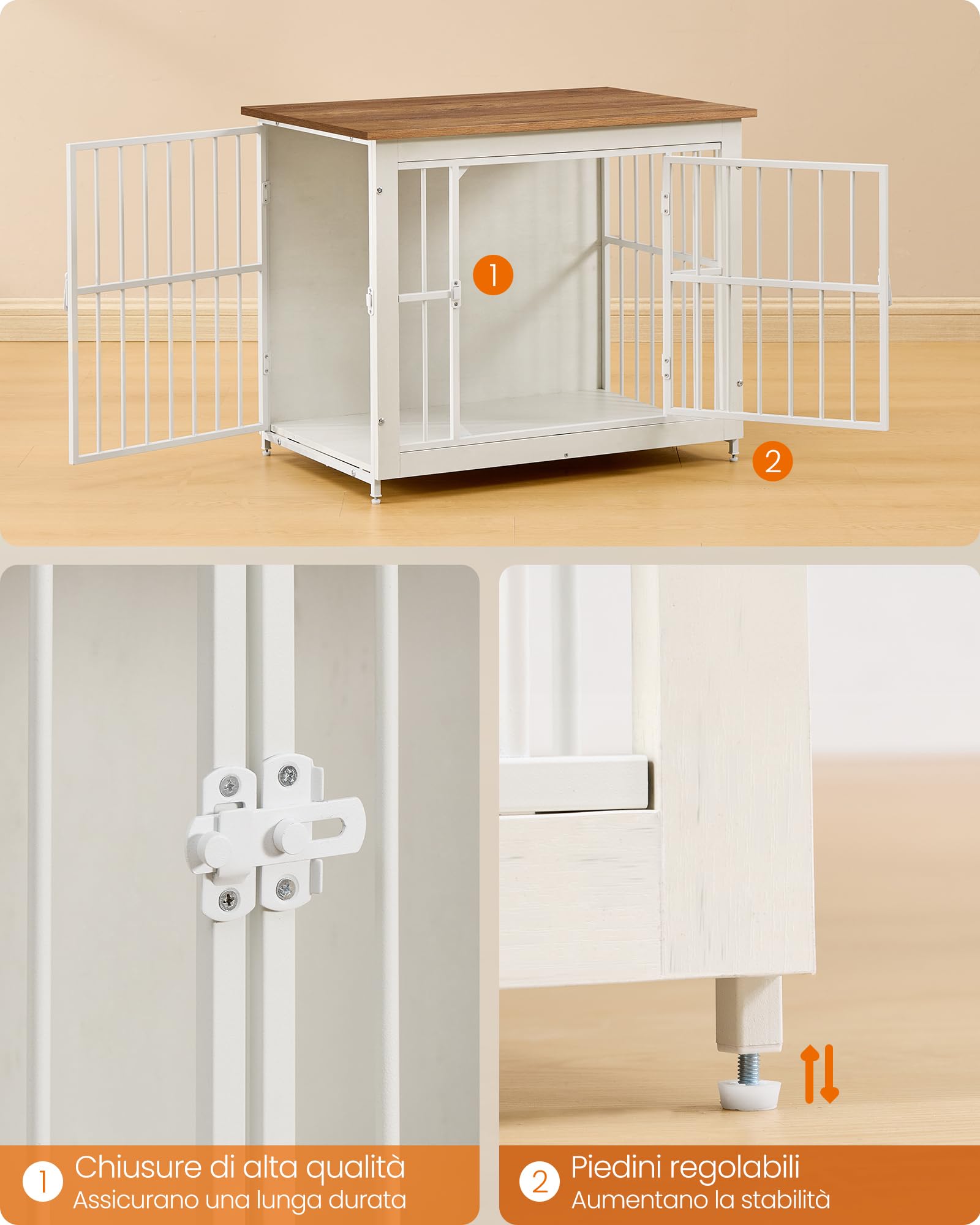 Feandrea Mobile Gabbia per Cani, Gabbia Moderna da Interno con Base Chiusa, 2 Porte, M, per Cani fino a 20 kg, Bassotto, Shih Tzu, Schnauzer Nano, Bianco Nuvola e Marrone Miele PFC022KB01