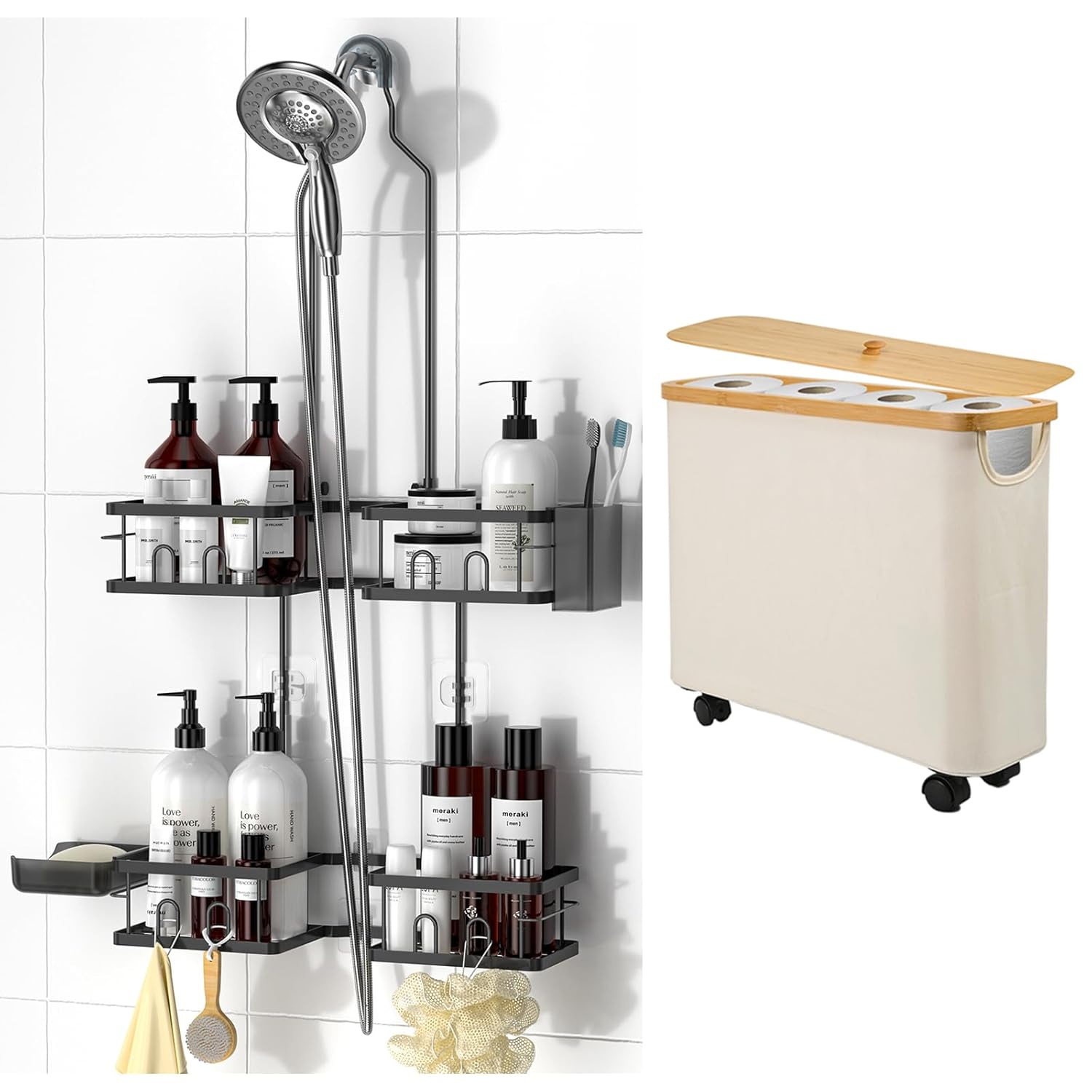 REINHARDT Adjustable Shower Caddy Hanging for Handheld Showerheads Toilet Paper Storage
