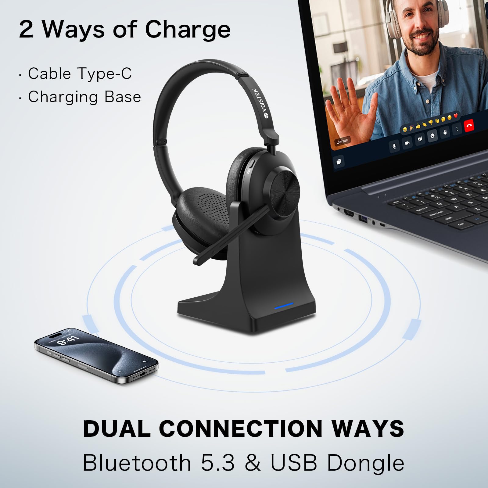 Voistek Cuffie con microfono Bluetooth e USB Dongle, batteria da 50 ore, auricolari wireless con microfono, cancellazione del rumore, casa, ufficio, call center
