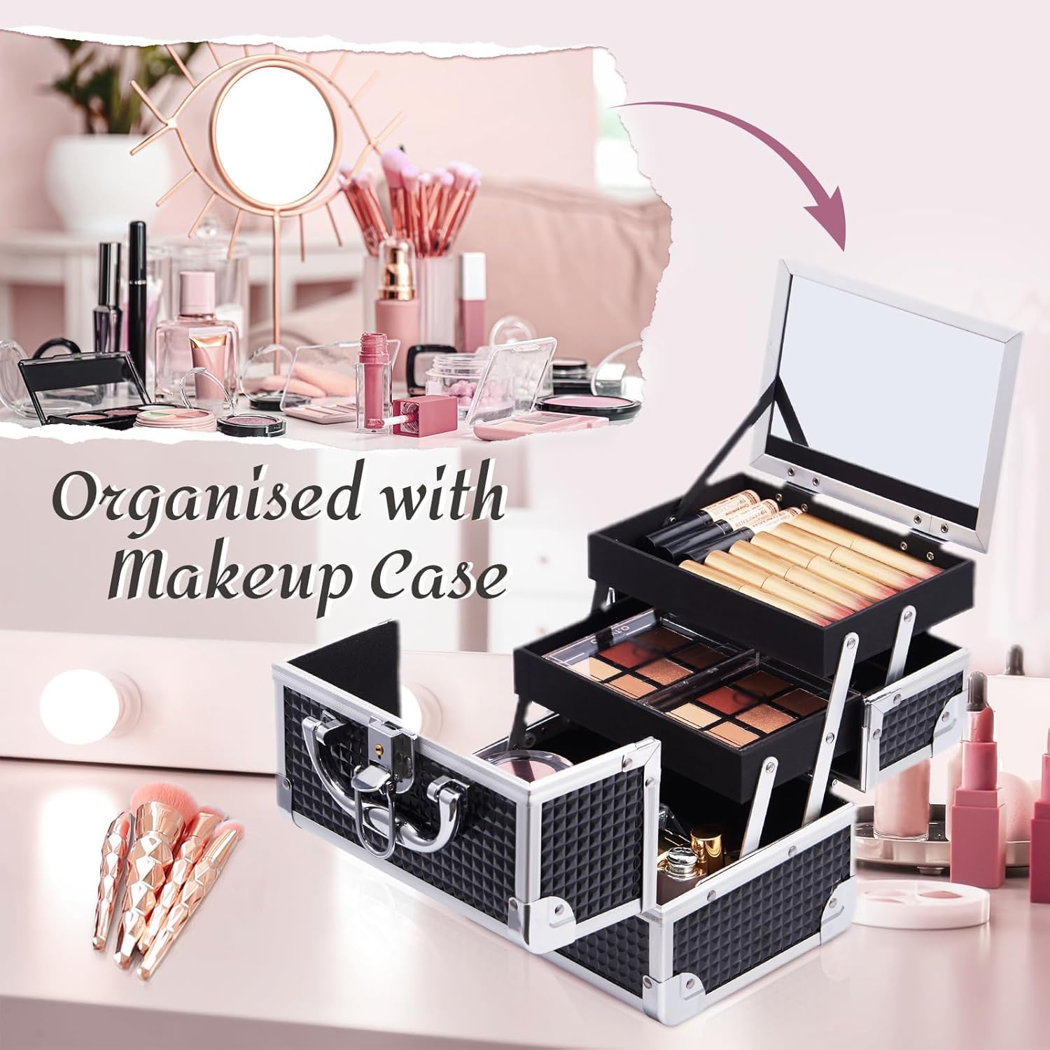 Joligrace Kosmetikkoffer Schminkkoffer Make up Koffer Beauty Case Kosmetik Make up Organizer Koffer Mit Schlüssel und Spiegel Nagelkoffer Verschließbar Multikoffer,Schwarz
