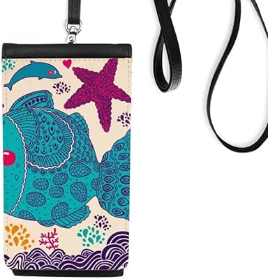 Line Drawing Cartoon Sea Fishes s Phone Wallet Purse Hanging Mobile Pouch Black Pocket