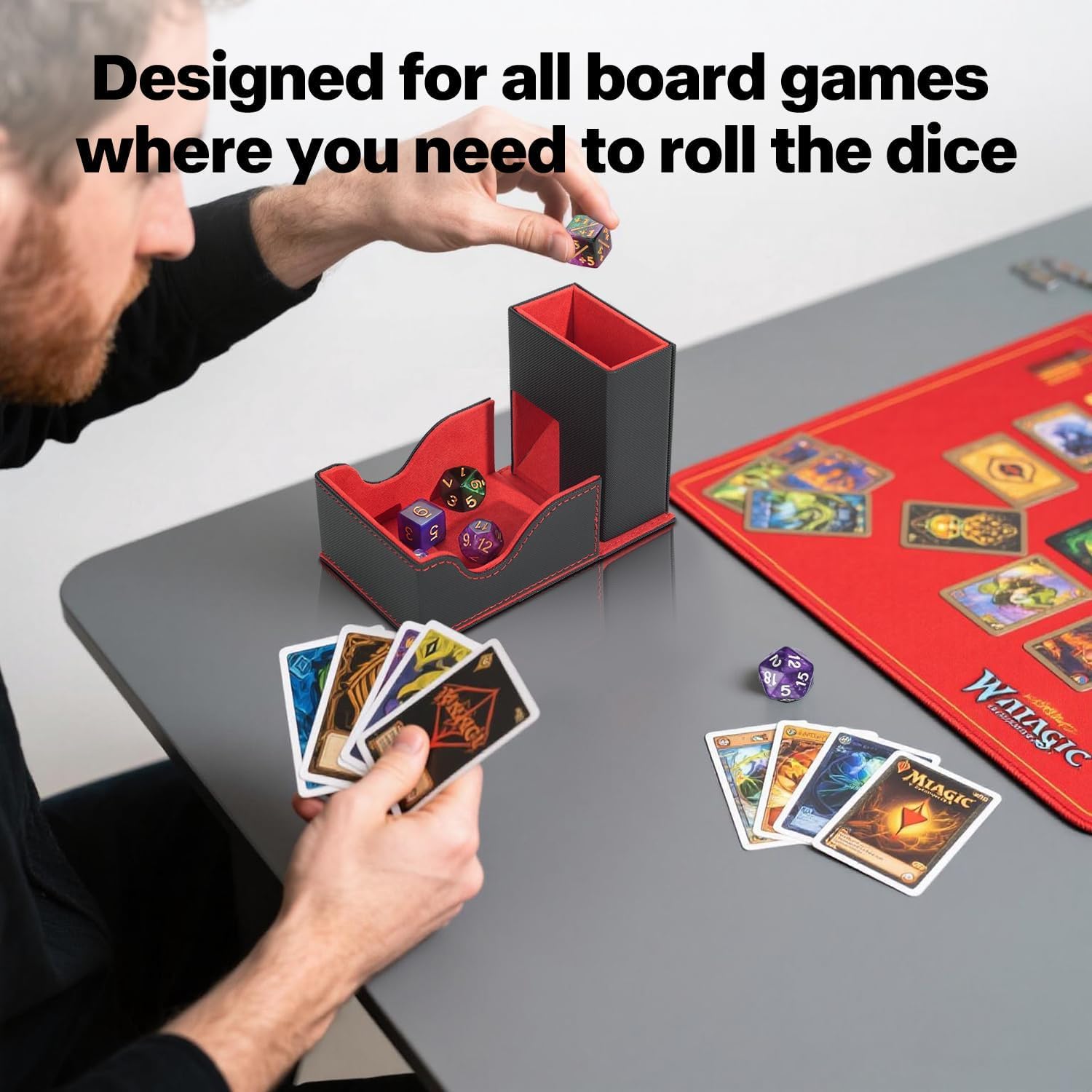 Elifel Vassoio magnetico per dadi in pelle PU, torre porta dadi pieghevole 3 in 1, tappetino per giochi da tavolo MTG RPG DND Dungeons and Dragons DND Regalo