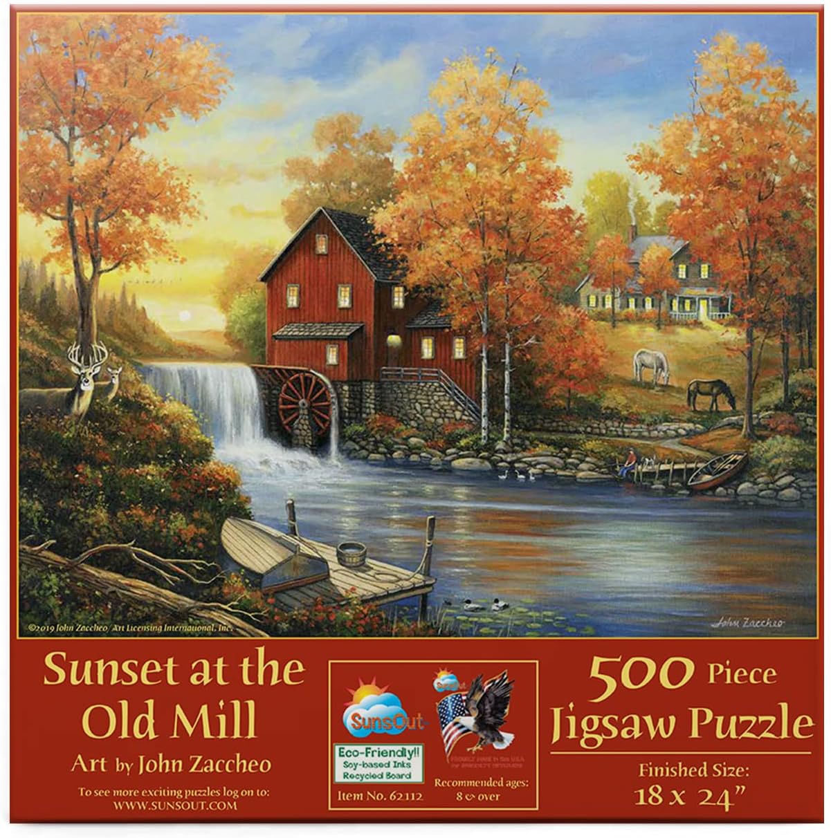 SUNSOUT INC - Sunset at the Old Mill - 500 pc Jigsaw Puzzle by Artist: John Zaccheo - Finished Size 18" x 24" - MPN# 62112