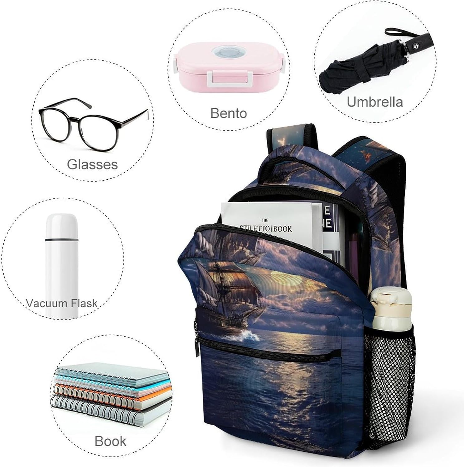 Boat Seascape And Moon in The Sky Laptop Backpack Lightweight Travel Daypack Shoulder Bag for Men Women