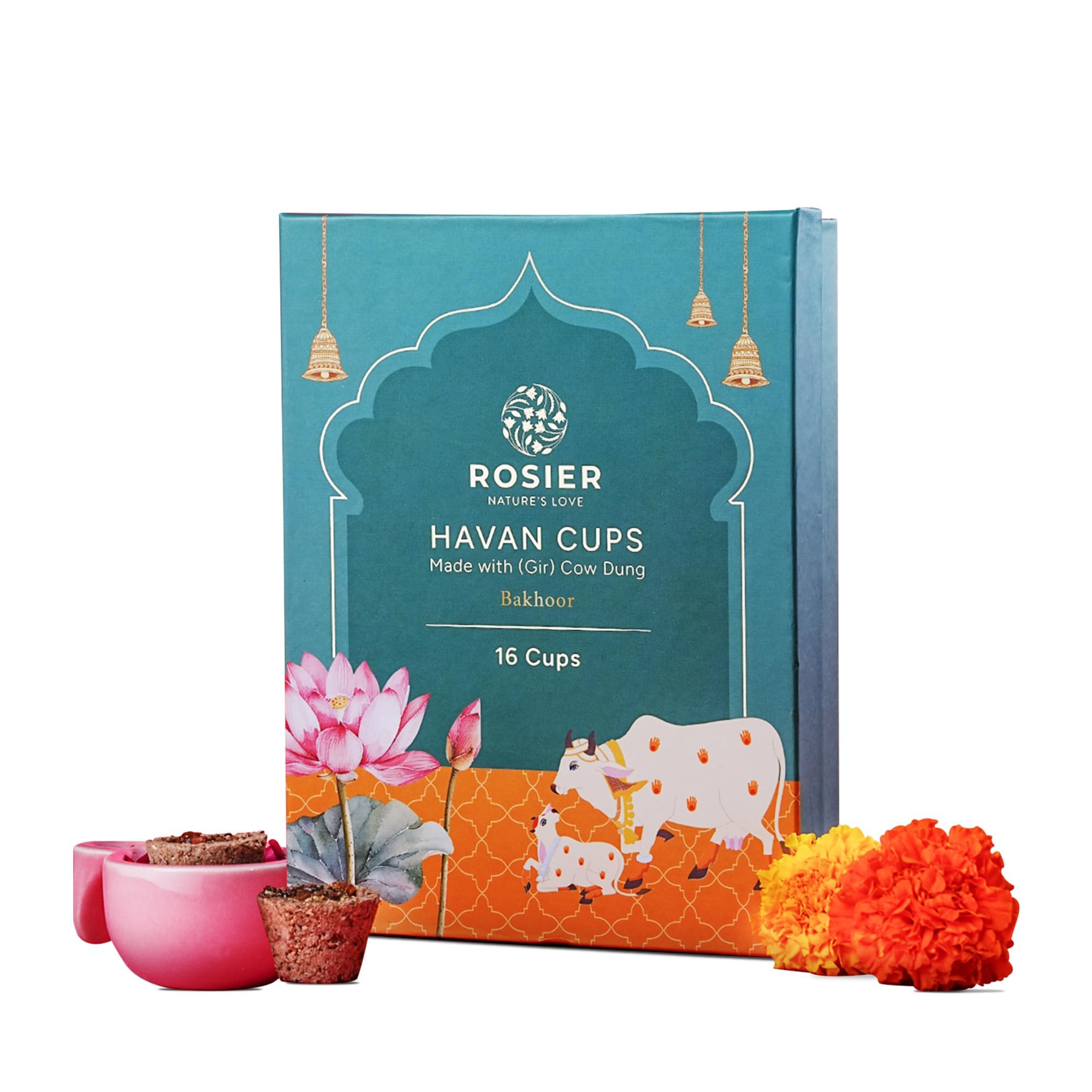 Rosier Havan Cups I Pack of 1 | 16 Cups | 1 Free Ceramic Cup Stand Gir Cow Dung | Dhuni for Pooja I 100% Organic Fragrance | Havan Cups for Pooja | Loban Dhoop (BAKHOOR)