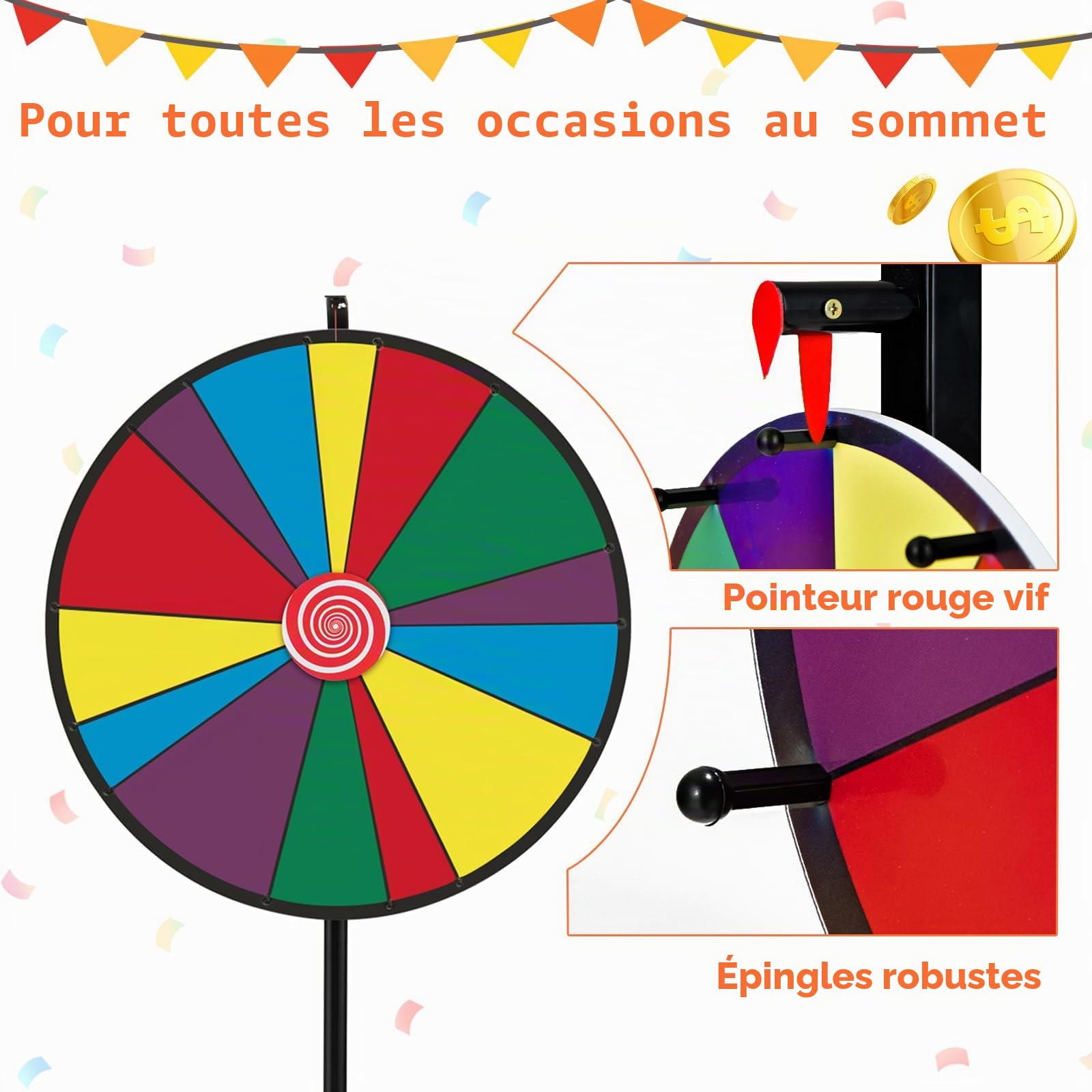 SOARS Roue de la Fortune 30", Hauteur Réglable de 140-170 CM, Personnalisable avec Marqueur pour Tableau Blanc et Éponge, pour Jeux de Mots, Famille (76 CM, 14 Emplacements)