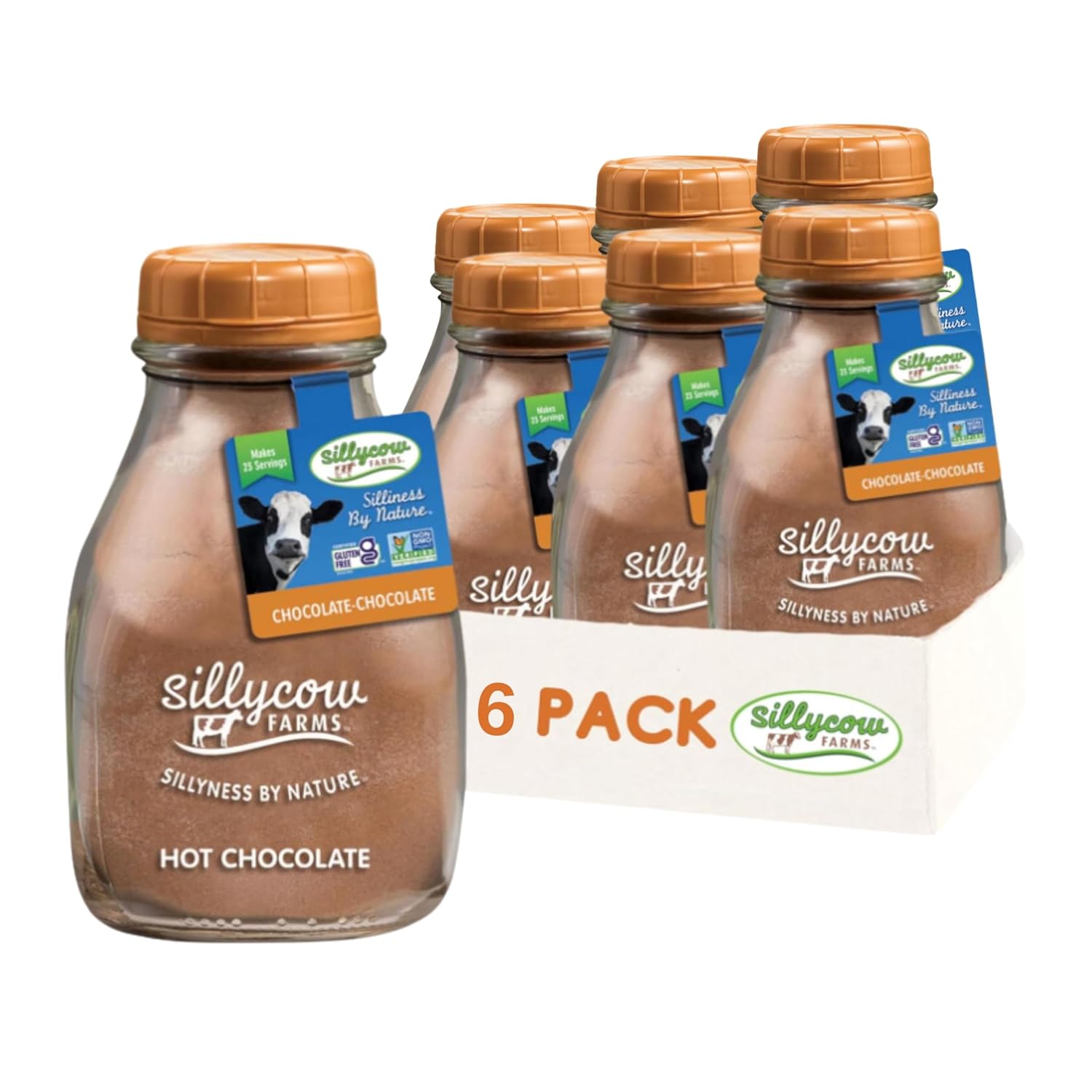 Sillycow Farms Hot Chocolate Mix Flavor | Rich Hot Cocoa Delight | Gluten-Free, Non-GMO, Dairy-Free | Nut-Free Certified Quality Cocoa Powder Blend | 16.9 Oz Reusable Glass Bottle - Pack of 6