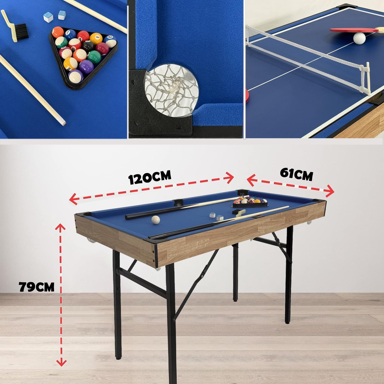 Mesa multijuego 6 en 1 Plegable con Billar, Hockey, Tenis de Mesa, Bolos, tejo y Tres en Raya con Todos los Accesorios (1,2 m)