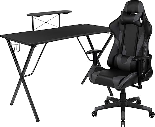 Miniatura 233 de Flash Furniture Juego de escritorio para juegos negro y silla de carreras blanco/negro con soporte para tazas, gancho para auriculares y soporte