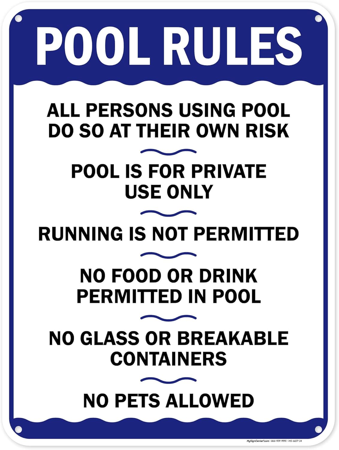 Pool Rules Sign, Swim at Your Own Risk, This is a Private Pool, No Food No Runing, No Glass, No Pets, Pool Sign, 18x24 Inches, 55 mil thick HDPE (high density polyethylene), Made in USA by My Sign Center