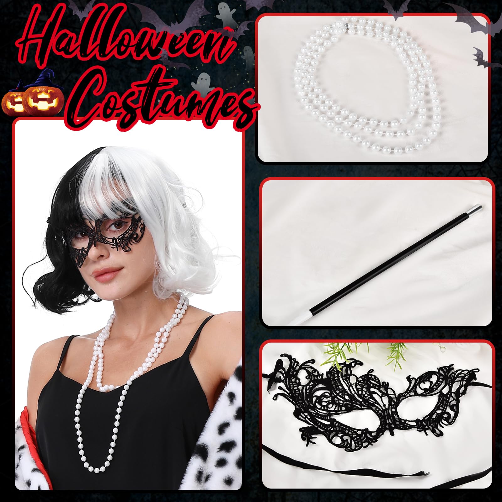 Aragallant Cruella Parrucca in Bianco e Nero, Costume Crudelia Demon Donna, Parrucca Crudelia Demon, Costume di Halloween Accessori con Guanti Rossi, Collana