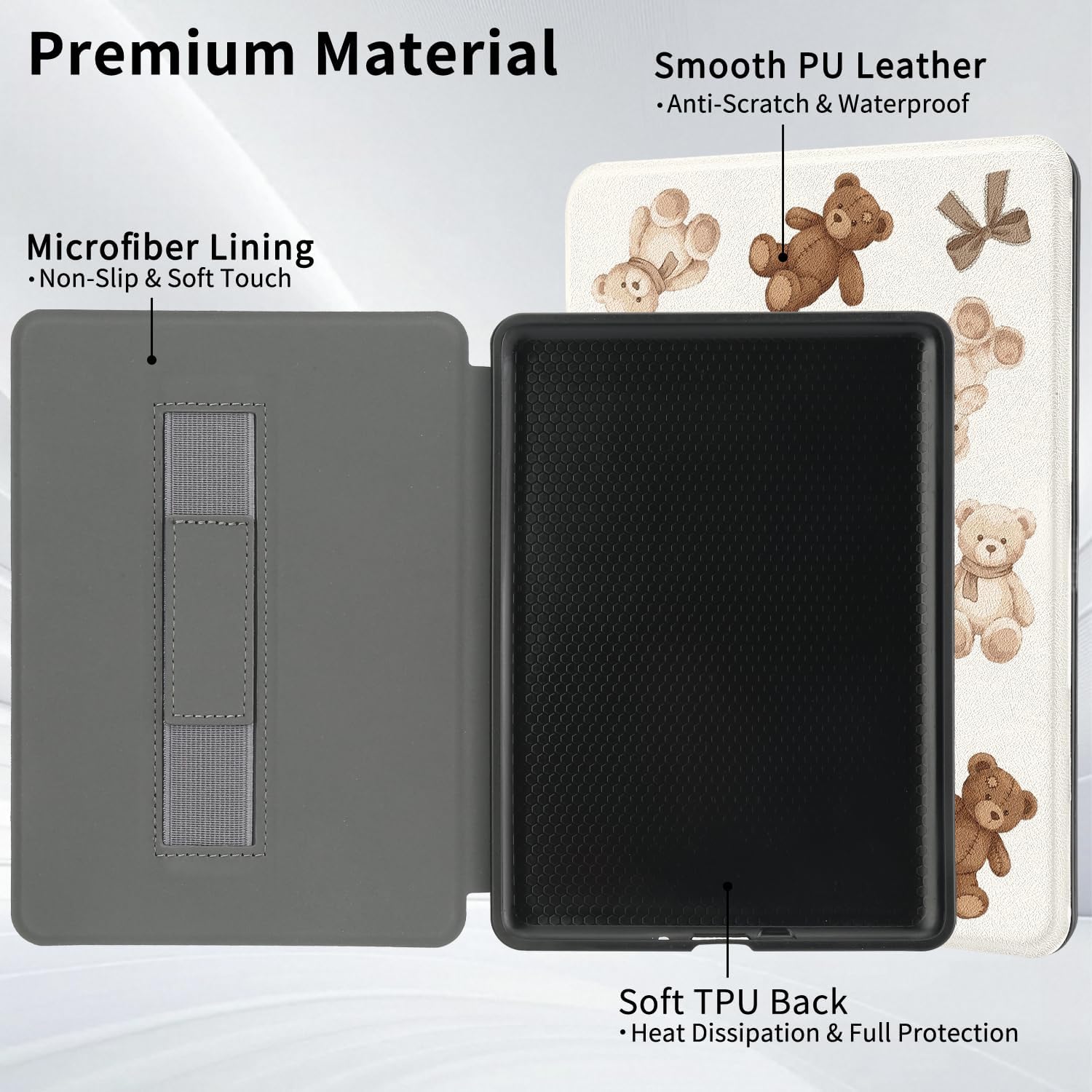 Brown Bear Bow Case for 6" Kindle 11th Generation 2024/2022 Release with Hand Strap Slim Premium PU Textured Leather Folio Cover Protective e-Reader Case with Auto Sleep/Wake